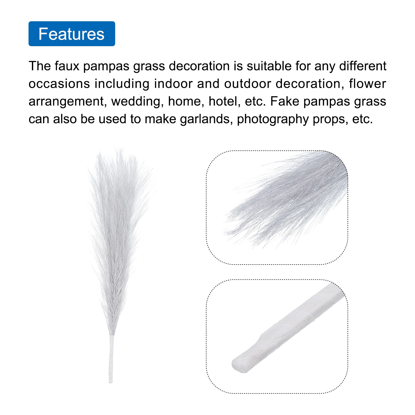 3Pcs Pampas Grass 17.7″ Fake Pampas Grass for Wedding Decoration Silver