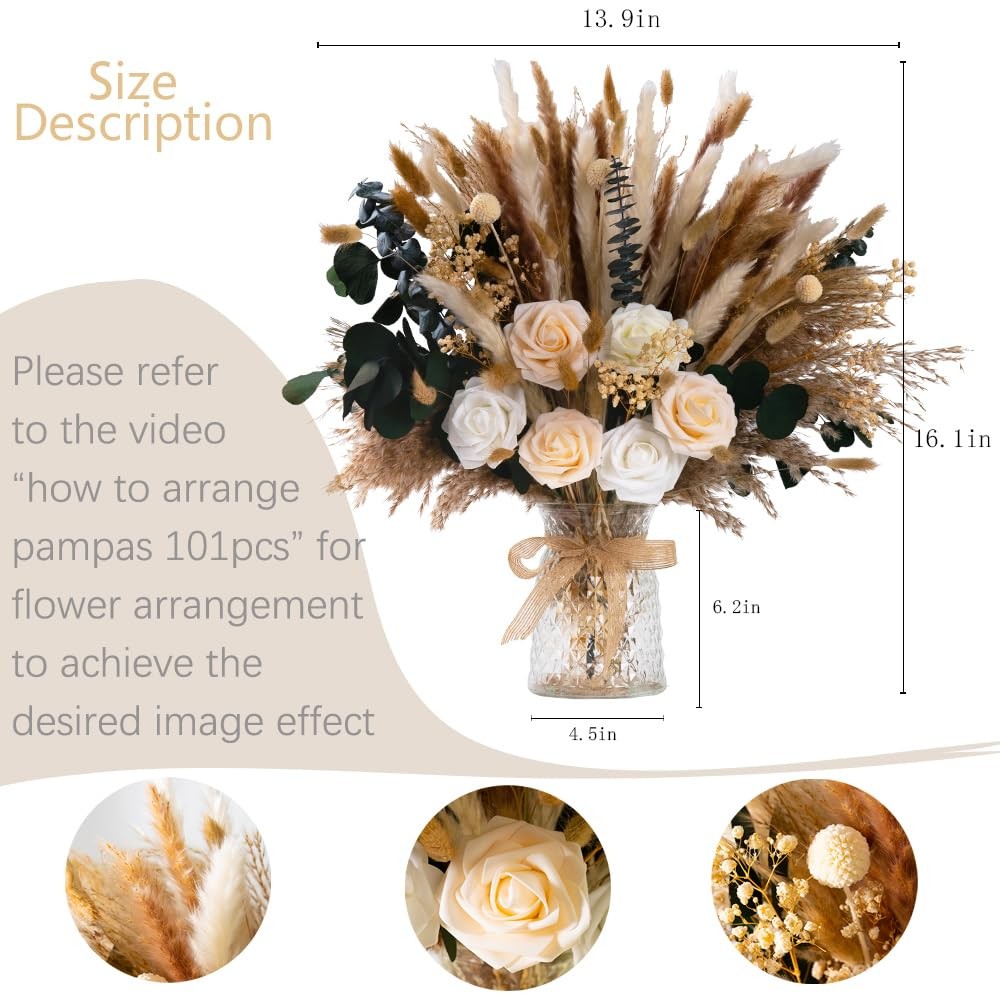 101pcs Artificial Flowers in Vase Natural Dried Pampas Grass Decor with Vase …