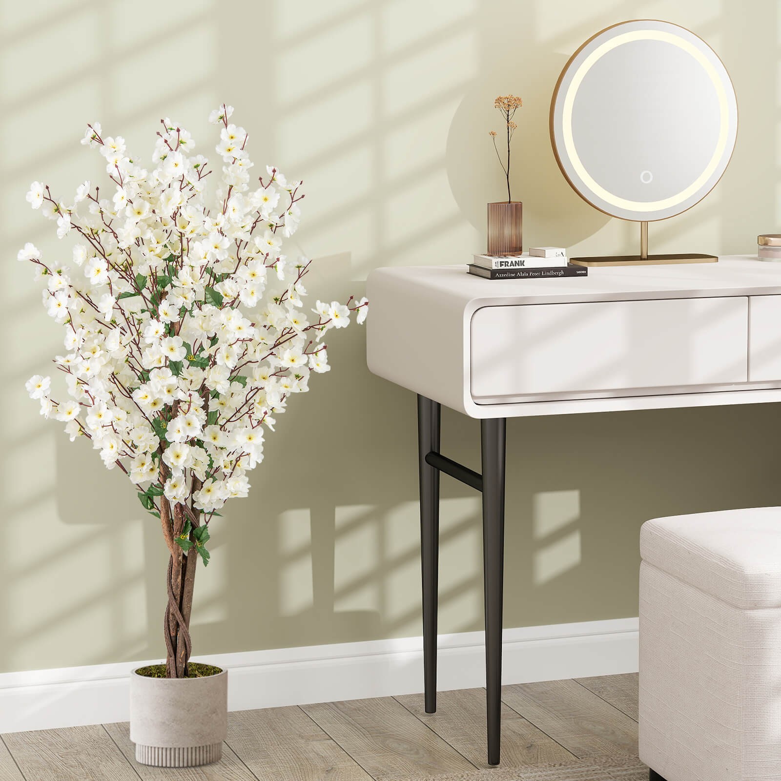 2 PCS 47″ Artificial Winter Sweet Tree Faux Plum Blossom Plant w/White Fabric