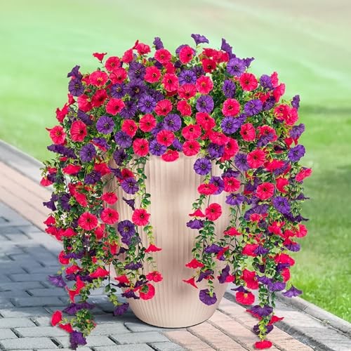 Artificial Hanging Flowers for Outdoor, 2pcs Fake Plants Hot Pink Dark Purple