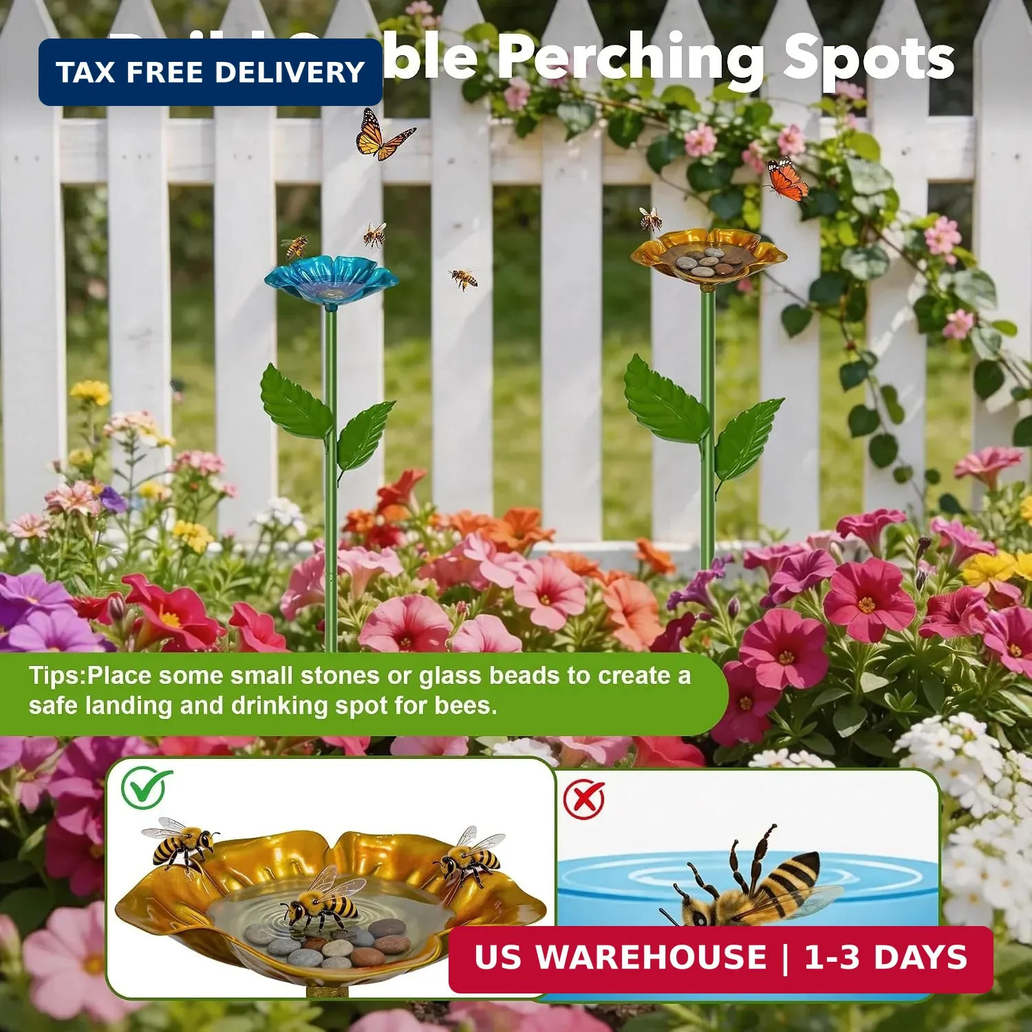 Bee Watering Station for Garden, 2 Pack Metal Bee Bath Bowl Colorful Butterfly F