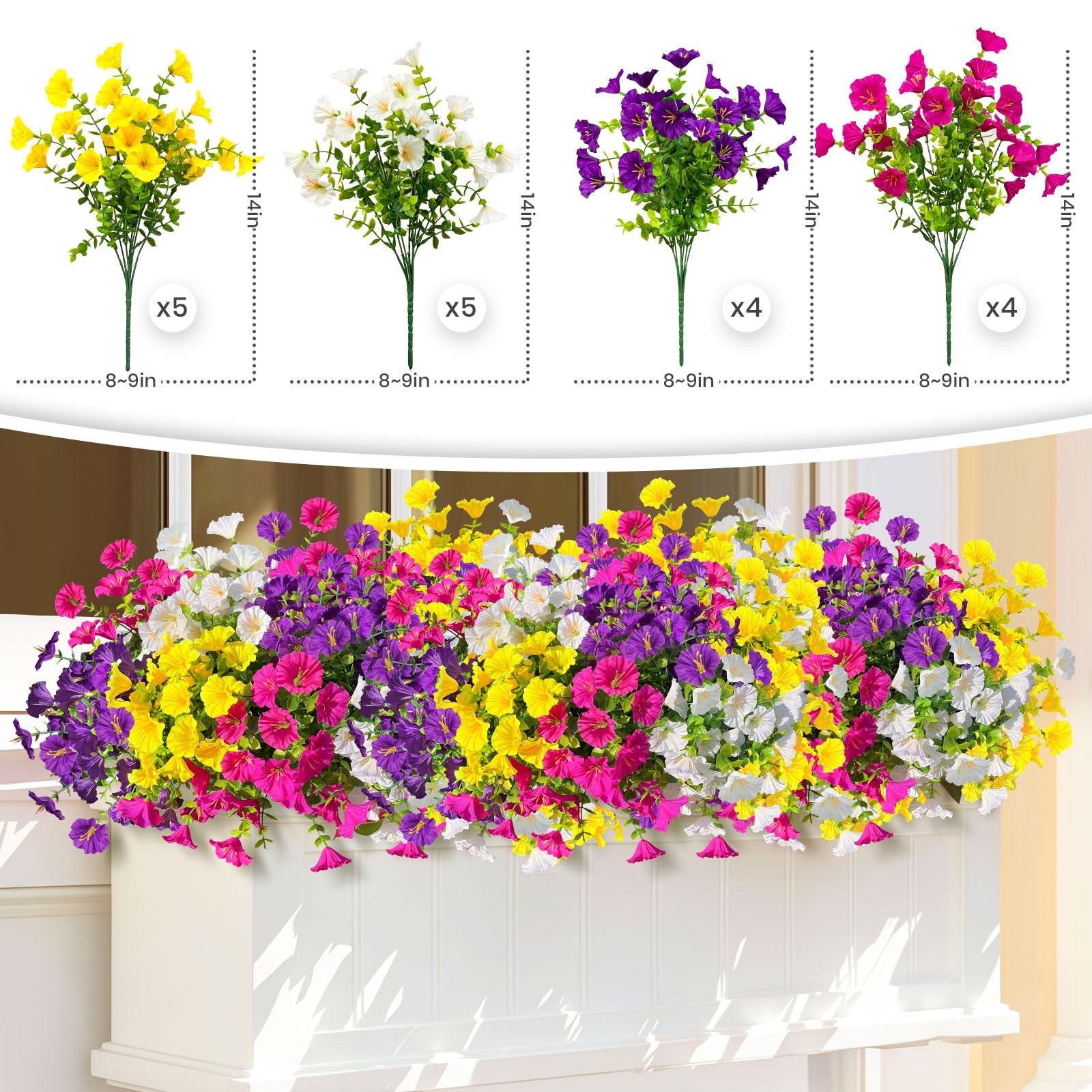 18 Bundles Artificial Faux Flowers Plants for Outdoors Decor-4 Colors