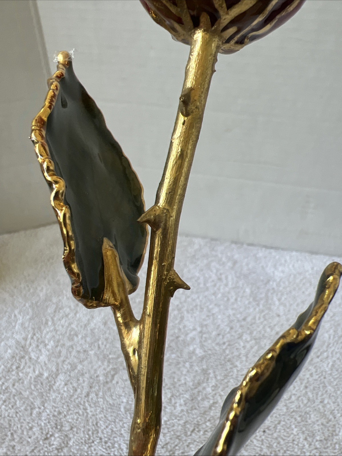 Handcrafted Preserved Red Rose Gloss Laquered With 24K Gold Plated Trimmed