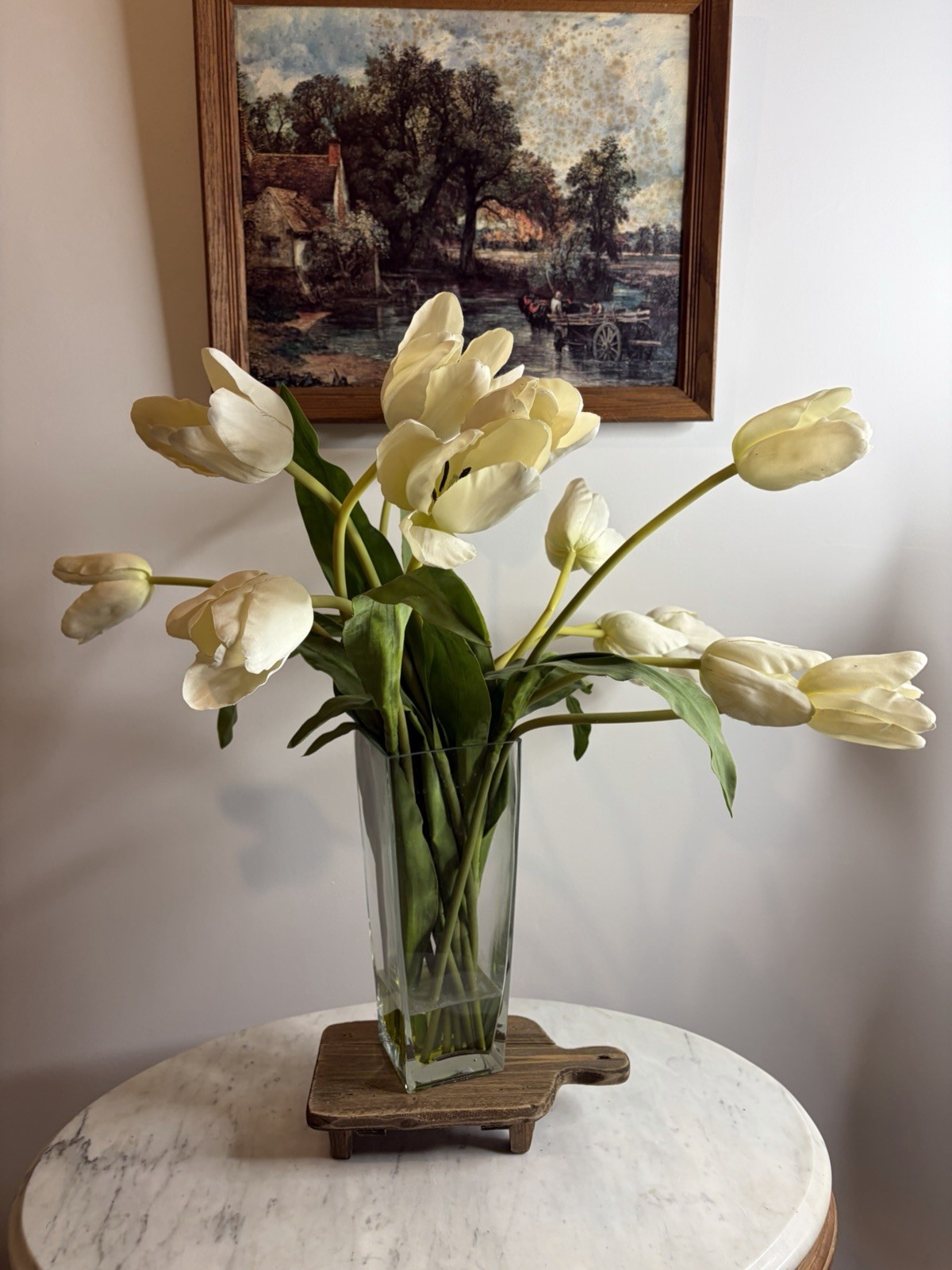 Artificial White Tulip Arrangement in Tall Glass Vase Faux Flower Centerpiece