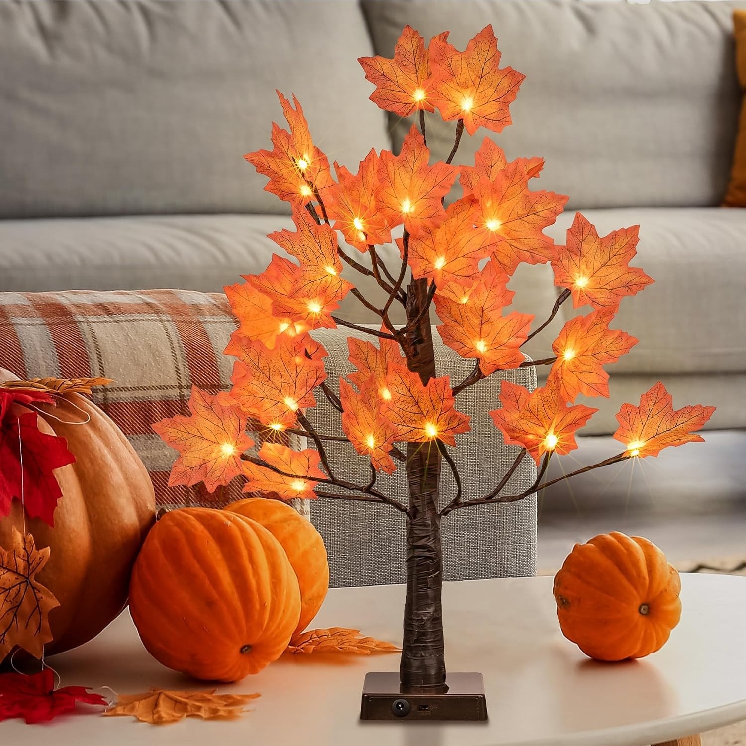 24IN Lighted Maple Tree for Fall Decorations, USB & Battery Operated with Tim…