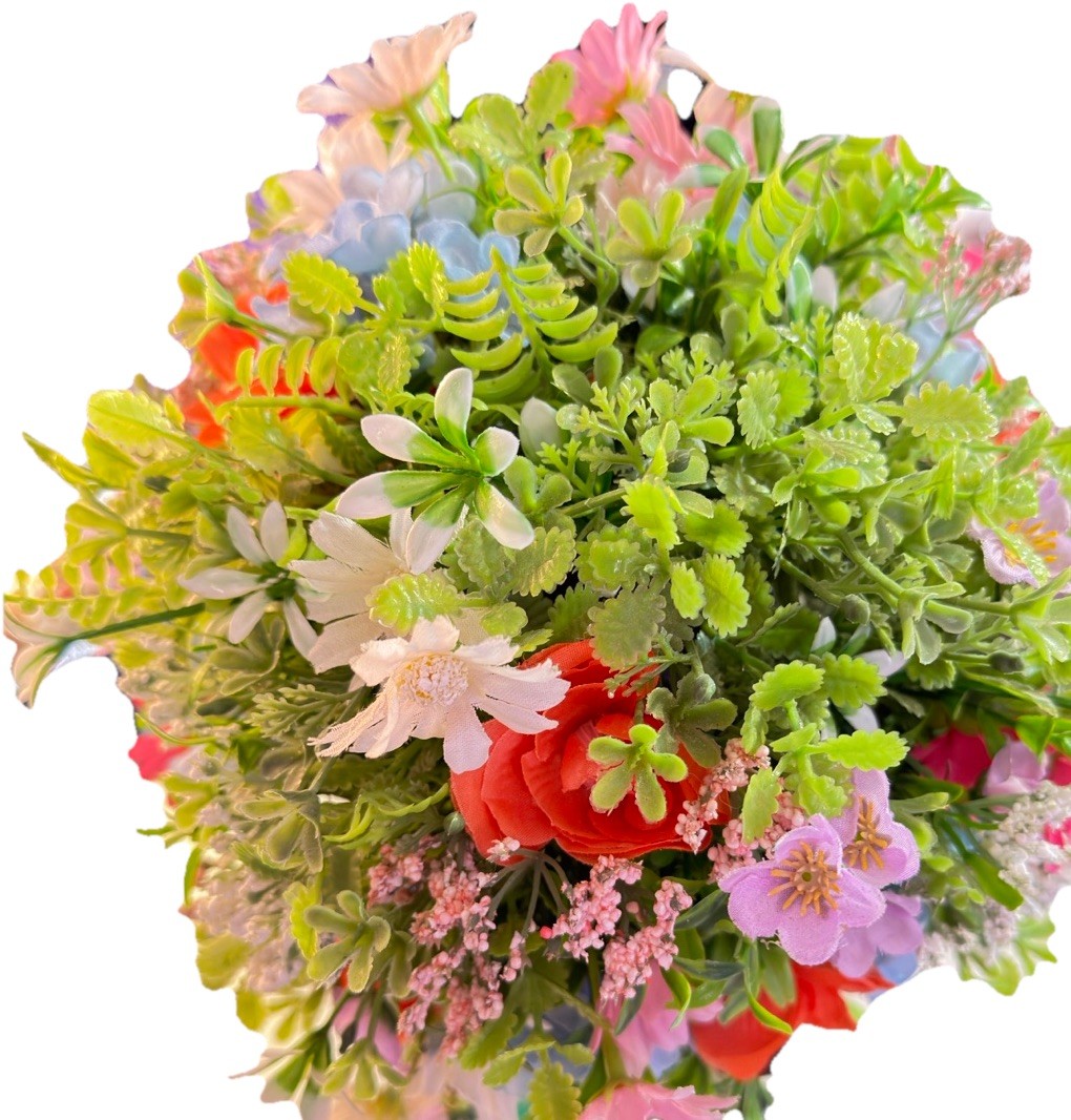 Ashwood 18” Coral & Blue Meadow Flower Artificial Topiary Plant In Black Planter
