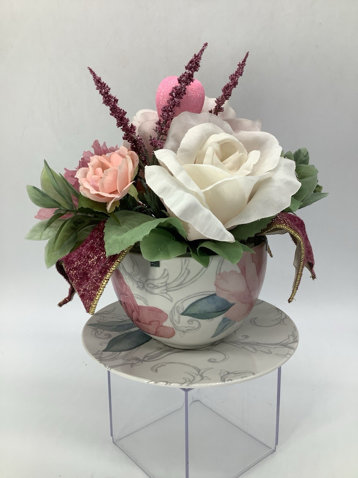 Handmade Valentines Day Pink Tea Cup Floral Arrangement