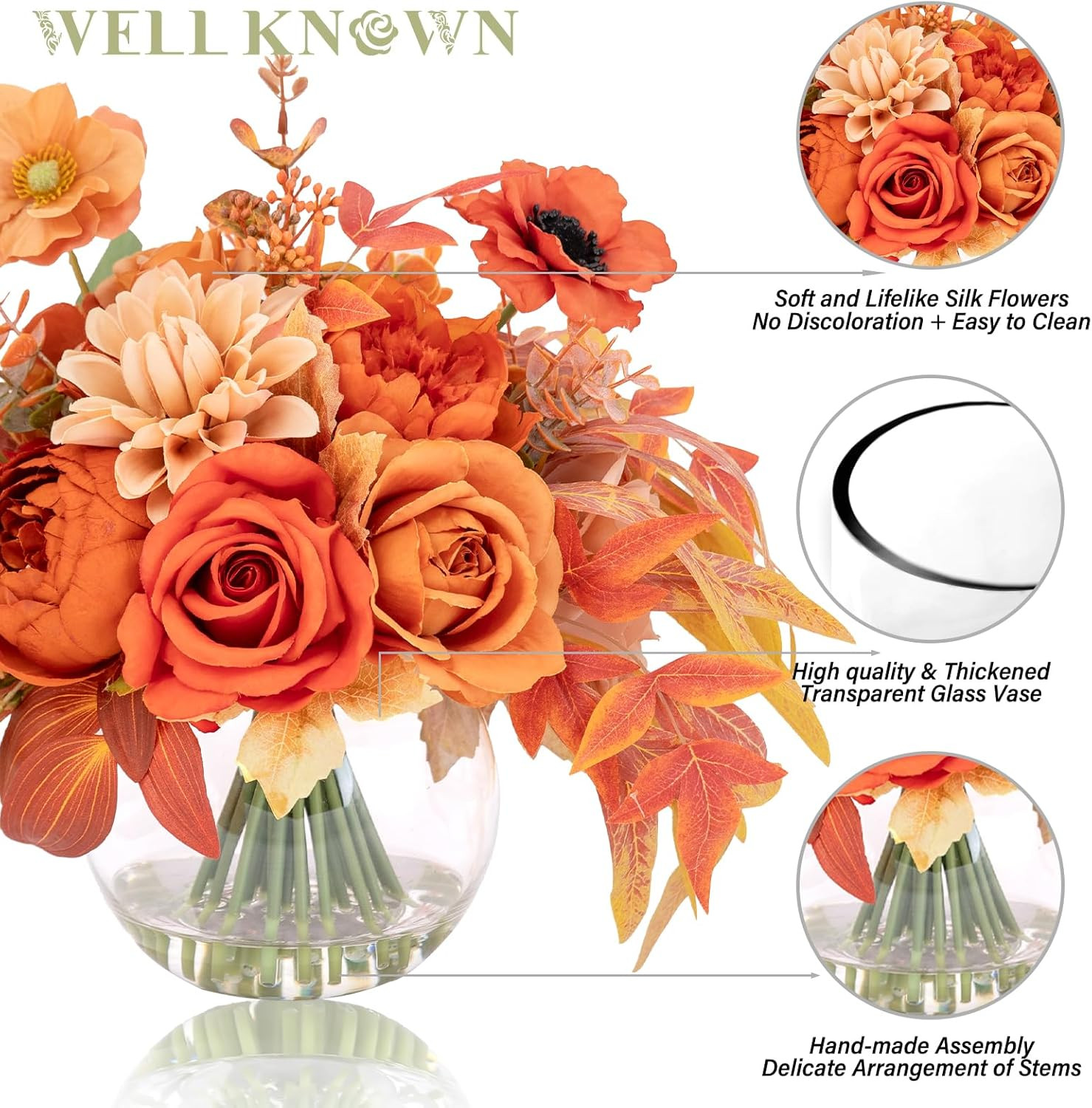Silk Flower Bouquet in Vase – Orange Peony & Dahlia Centerpiece Decor