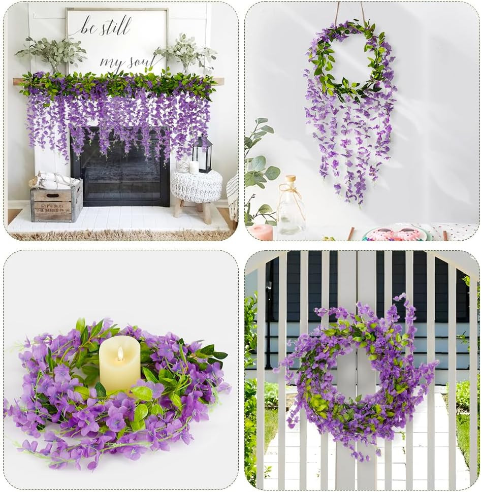 4Pcs Wisteria Artificial Flower Garland 6.9Ft Purple Wisteria Vine Silk Hanging