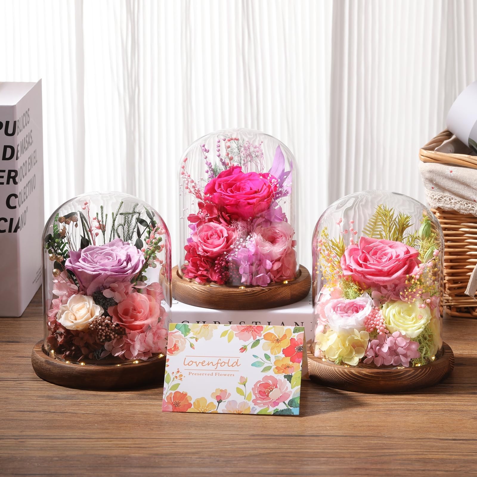 Preserved Pink Roses in Glass Dome with LED Light – Long Lasting Forever Flowers