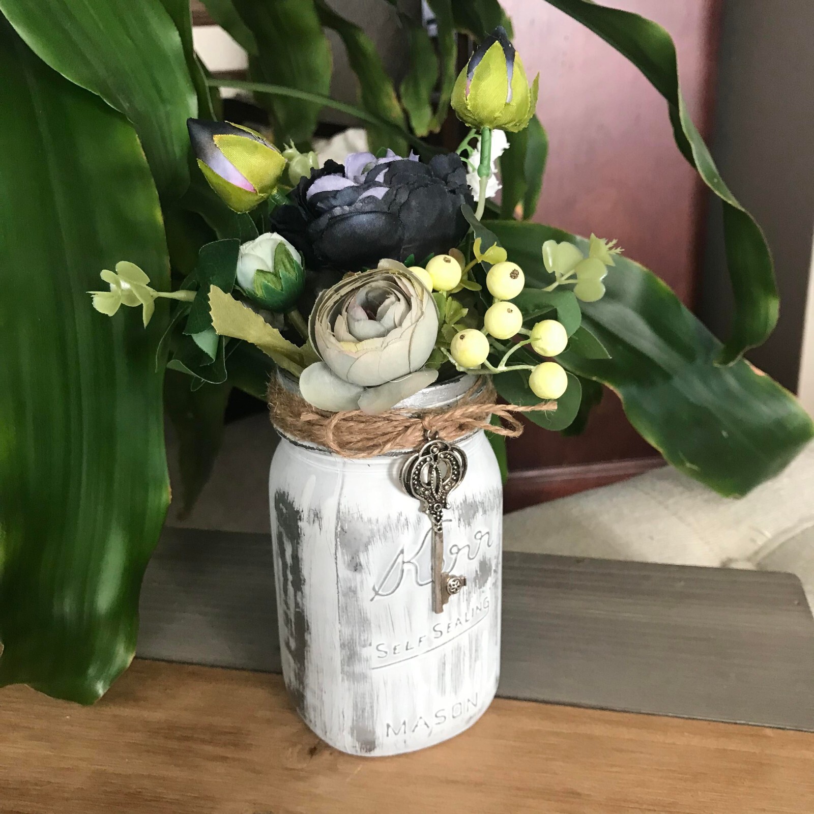 Handmade Black and Gray Floral Arrangement in Kerr Mason Jar