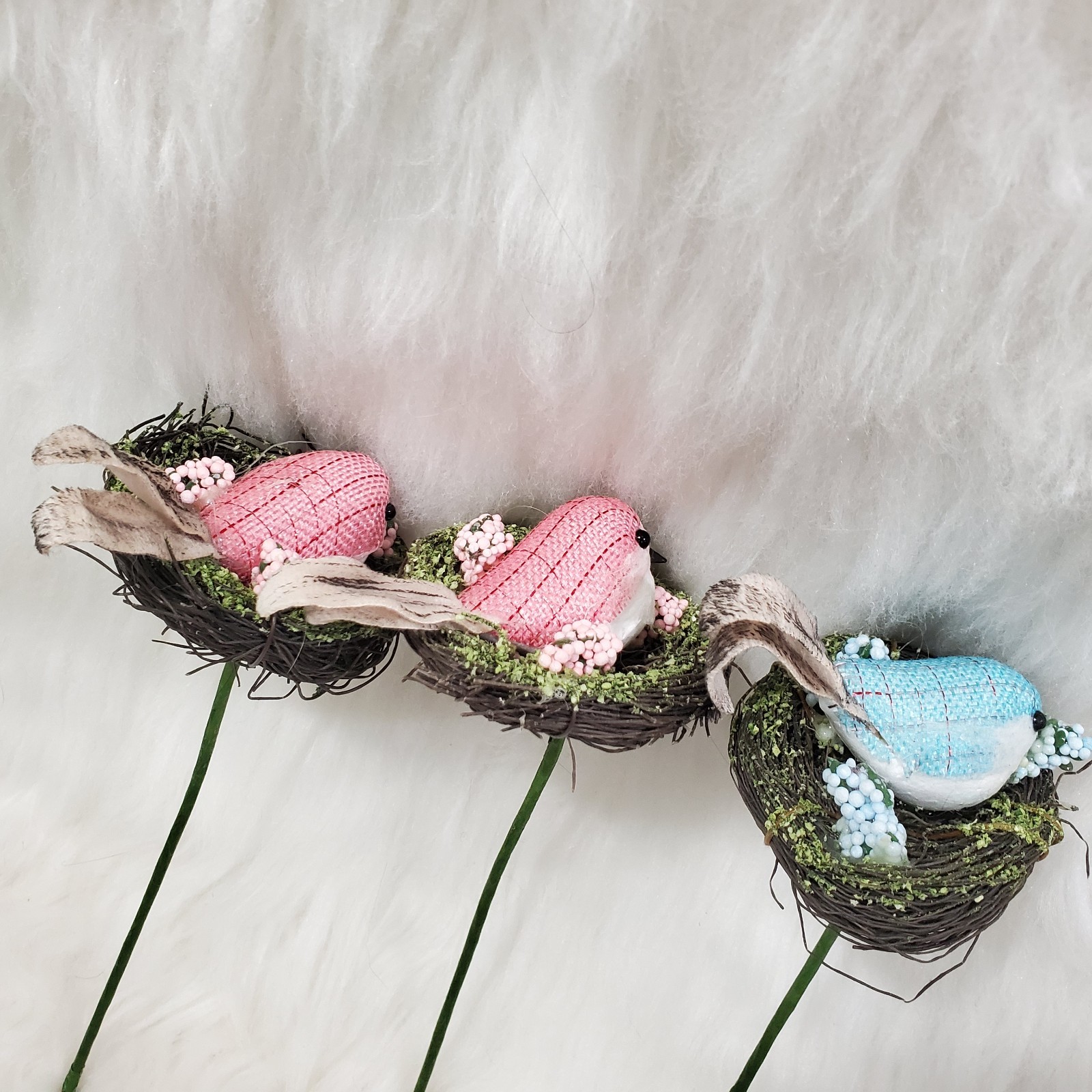 Artificial Bird Nest Floral Picks Set of 3 Pink Blue Birds Flowers Branch Twig