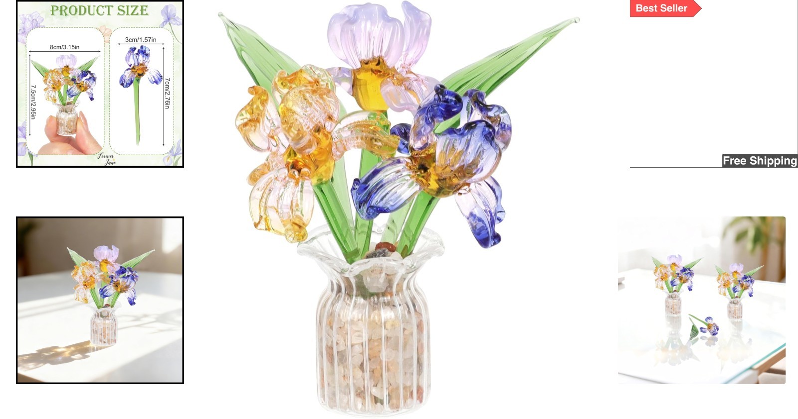Colorful Handmade Mini Glass Flower Bouquets with Vase – Charming Centerpiece