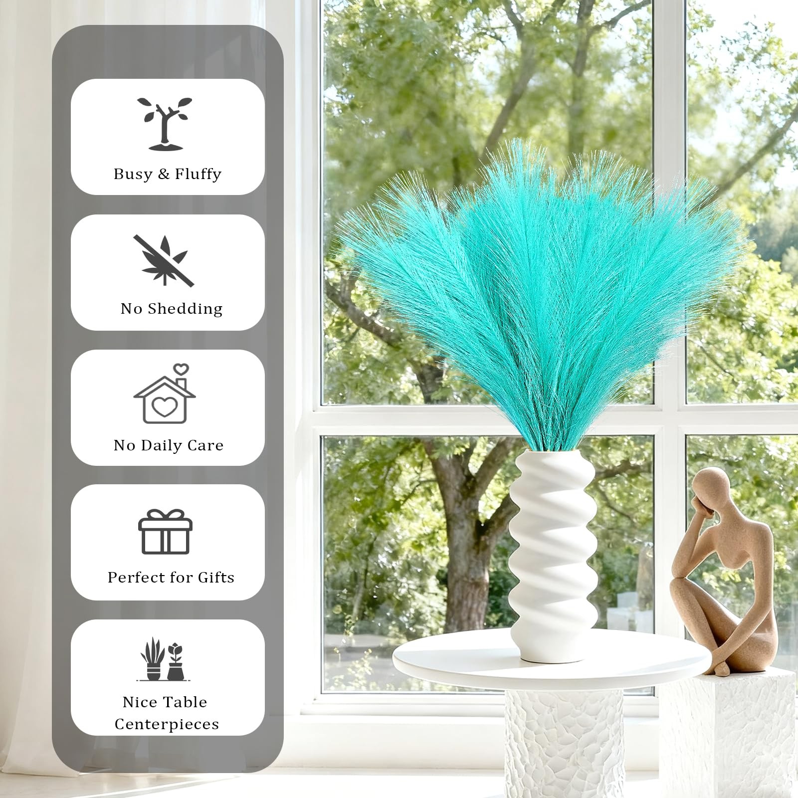 50 PCS Light Blue Faux Pampas Grass Short Artificial Branches 21.6 Inch
