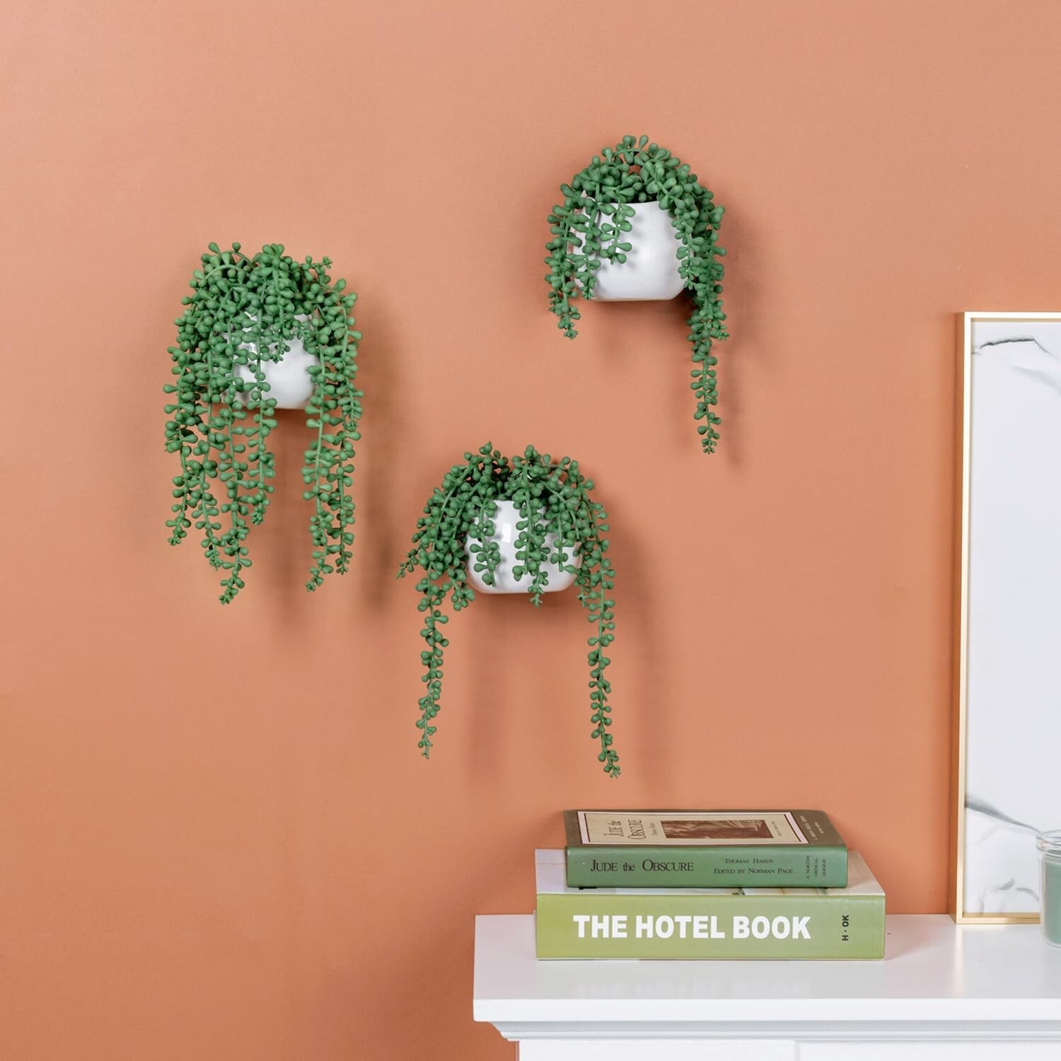 Set of 3 Artificial String of Pearls in White Ceramic Hanging Pots