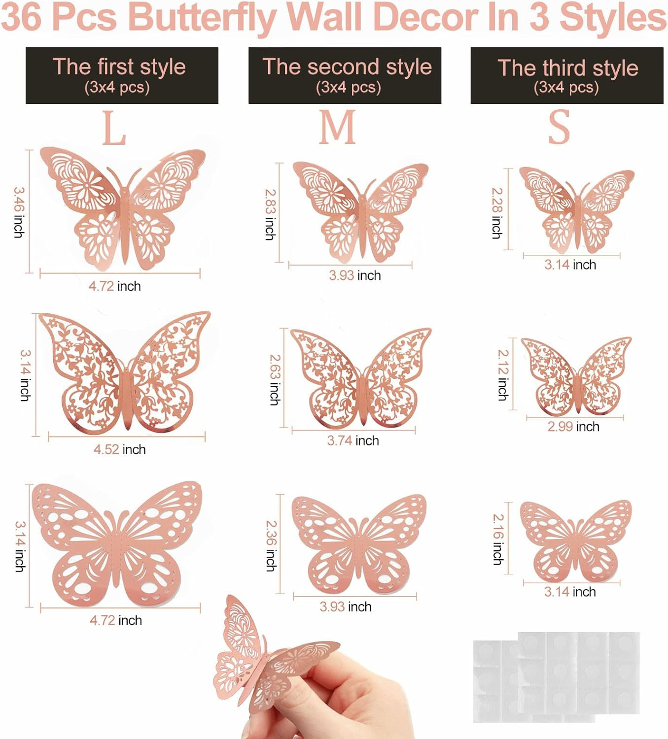36 Pcs Butterfly Wall Decor, 3 Styles 3 Sizes 3D Rose Gold Butterfly, Wedding &