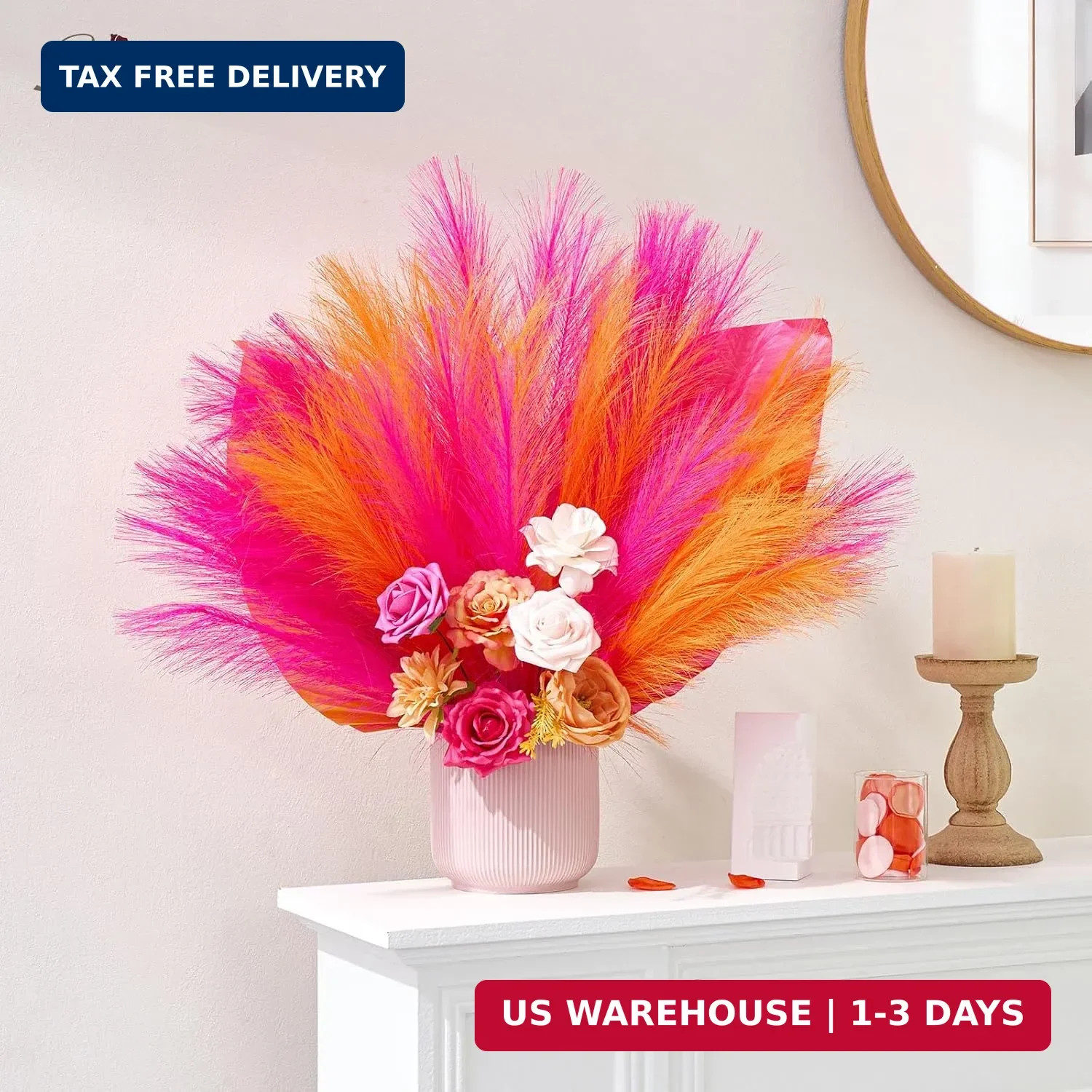Serwalin 6PCS Pampas Grass Decor, 17.7Inch Bright Orange Hot Pink Artificial Pam