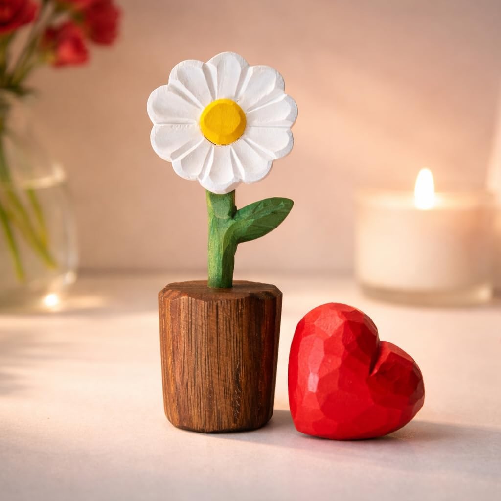 Hand-Carved Wooden Flower with Red Heart – Handcrafted Everlasting Wood Sculp…