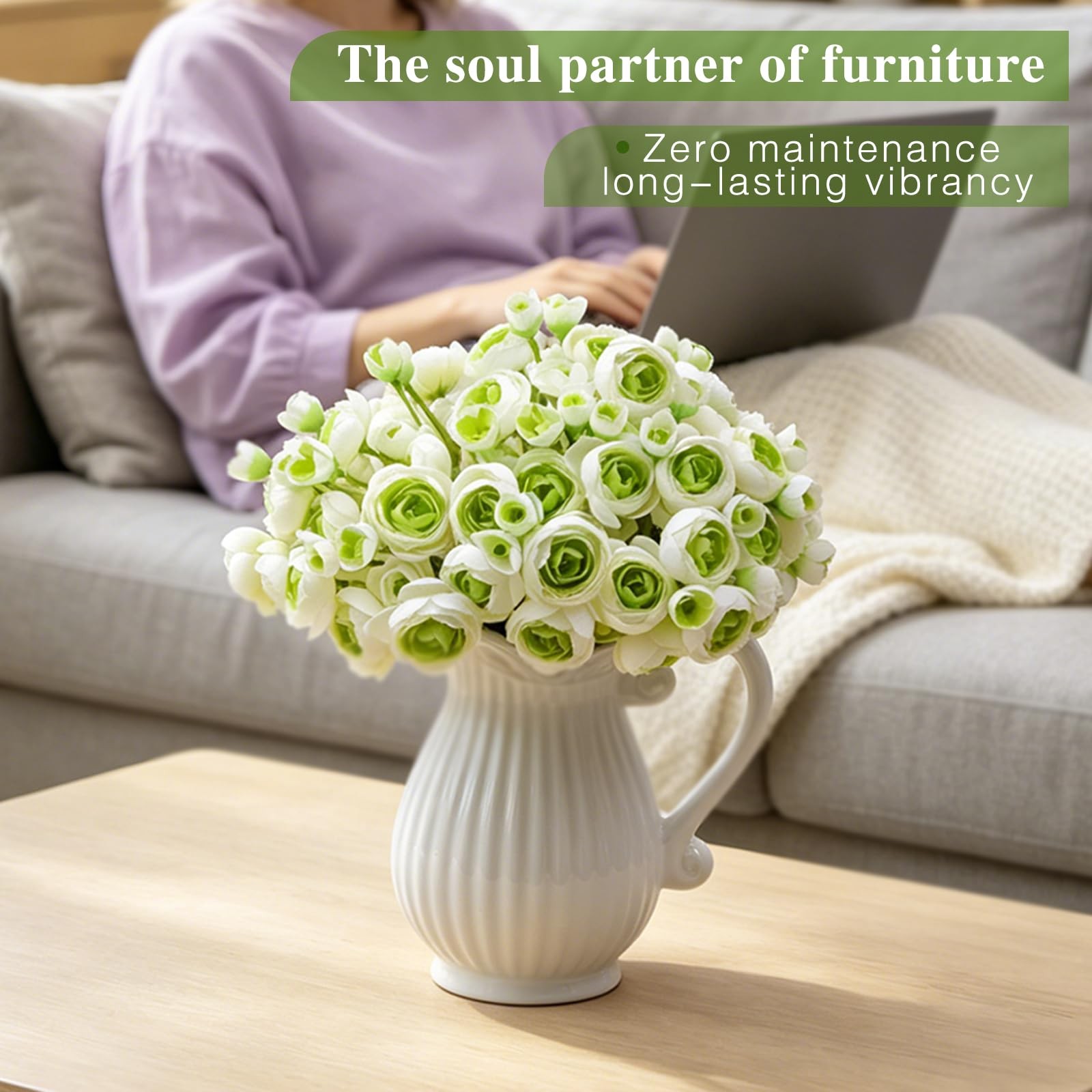32Pcs Green Real Touch Ranunculus Artificial Flowers