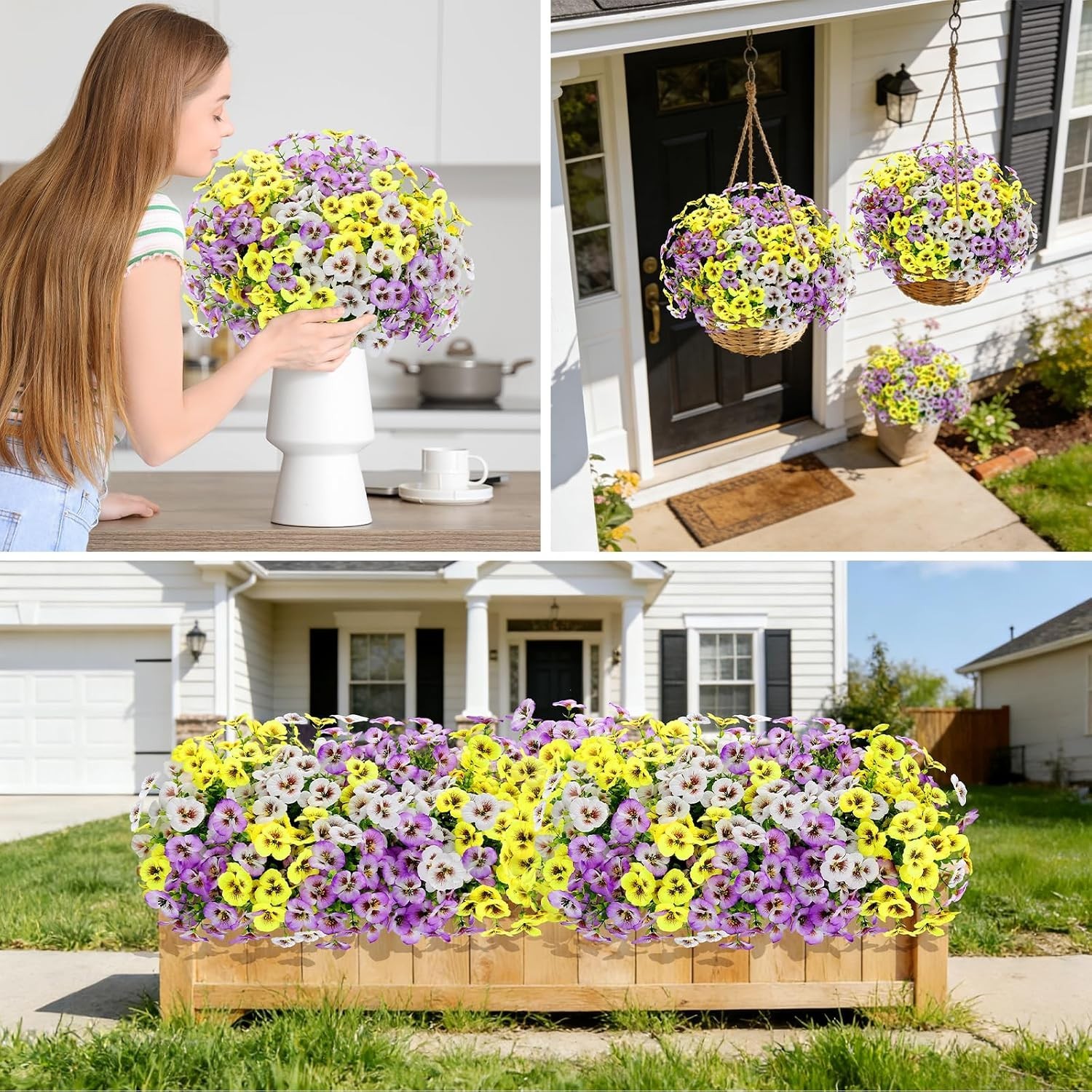 Bright & Beautiful Faux Silk Pansies with Eucalyptus – Perfect for Home Decor