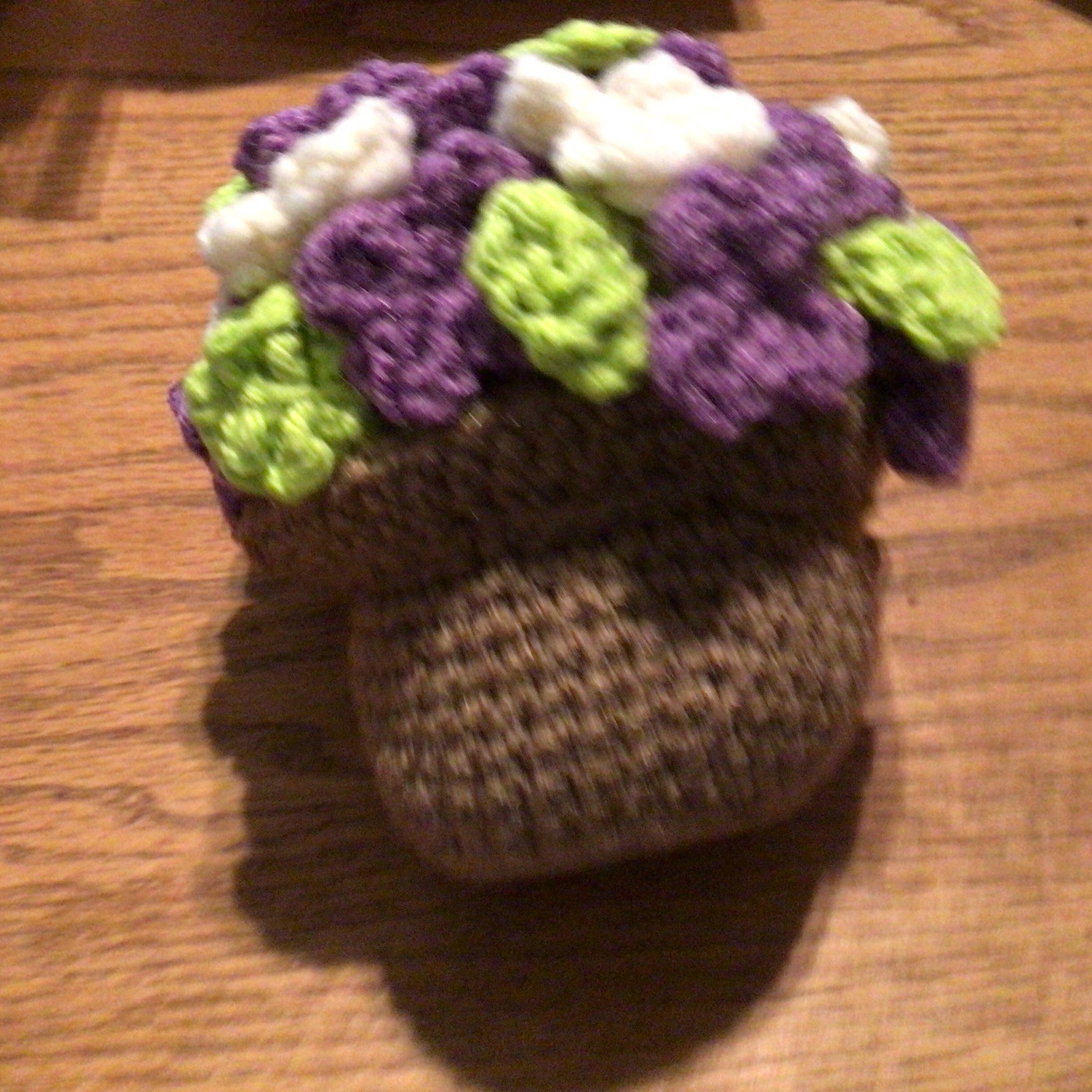 Crochet Bouquet in Yarn Vase, Handmade Floral, Purple, white, green, brown