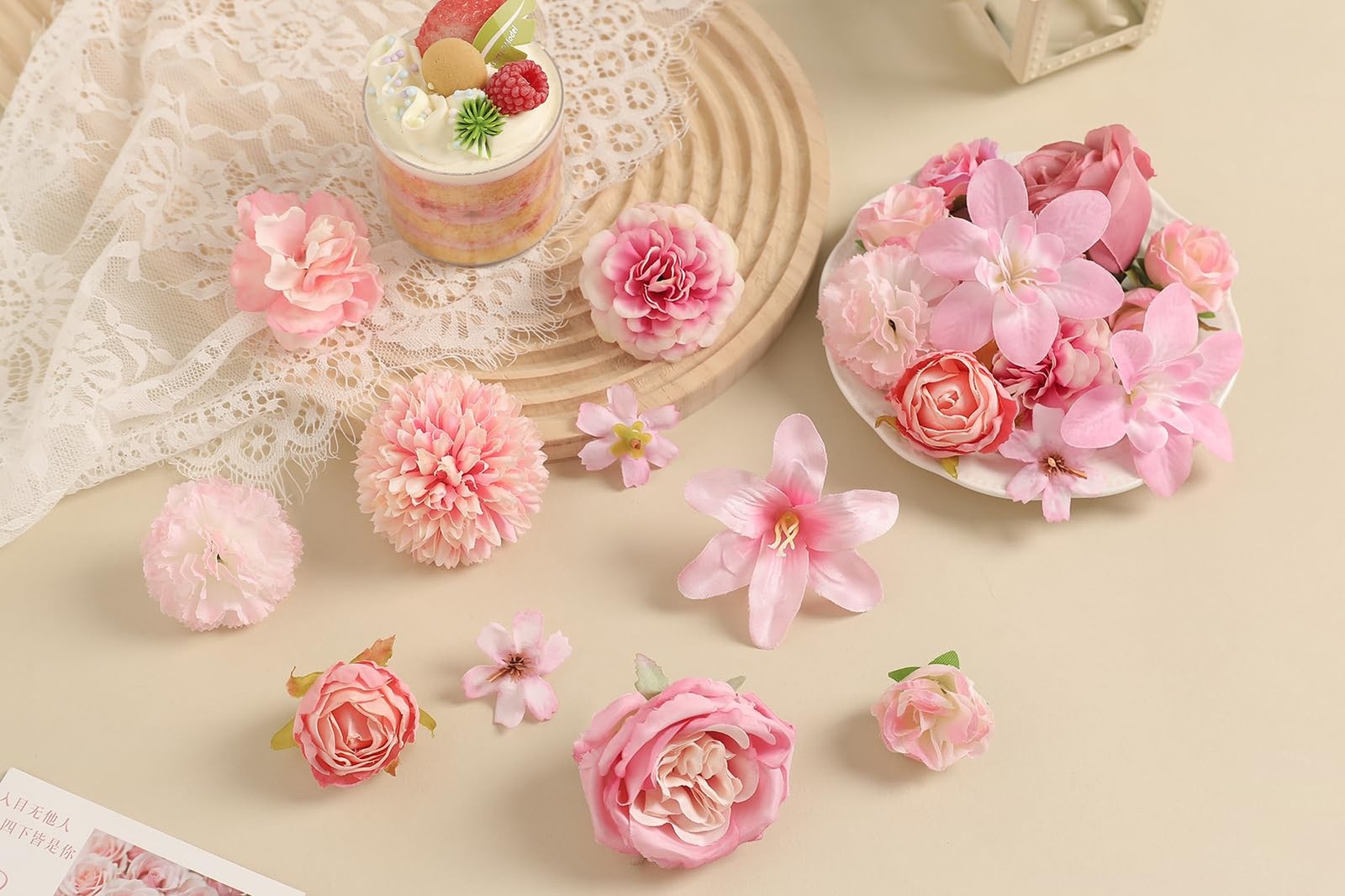 Pink 48 PCS Fake Flower Heads Silk Roses Peonies Daisies Crafts Bulk
