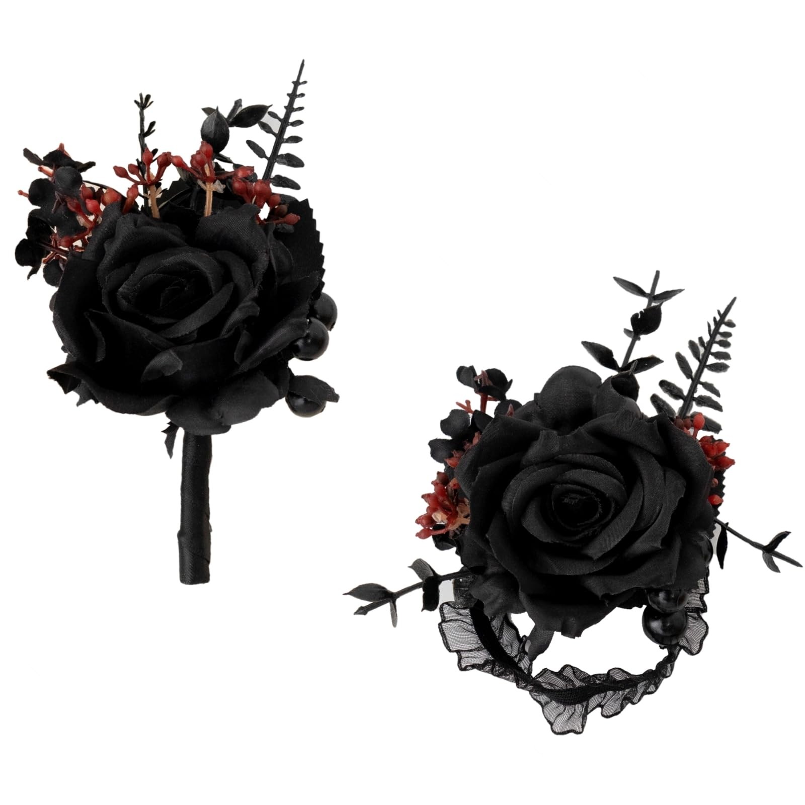 1 Set Black Corsage Wristlet Boutonniere Rose Prom Flower Wedding Party Decor