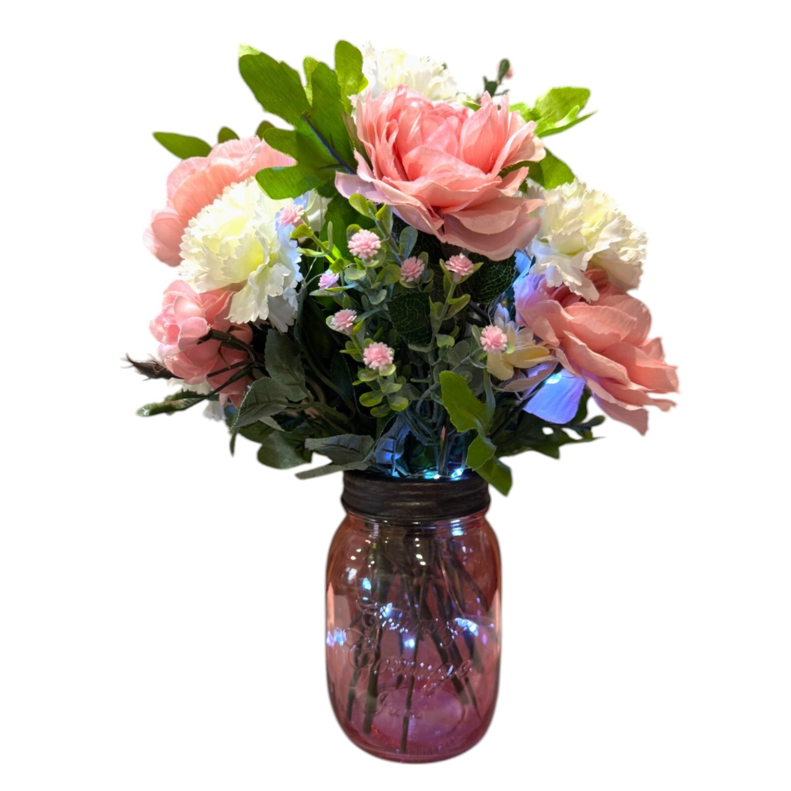 Pink Rose Carnation LED Lighted Flowers Country Farmhouse Mason Jar Mother’s Day