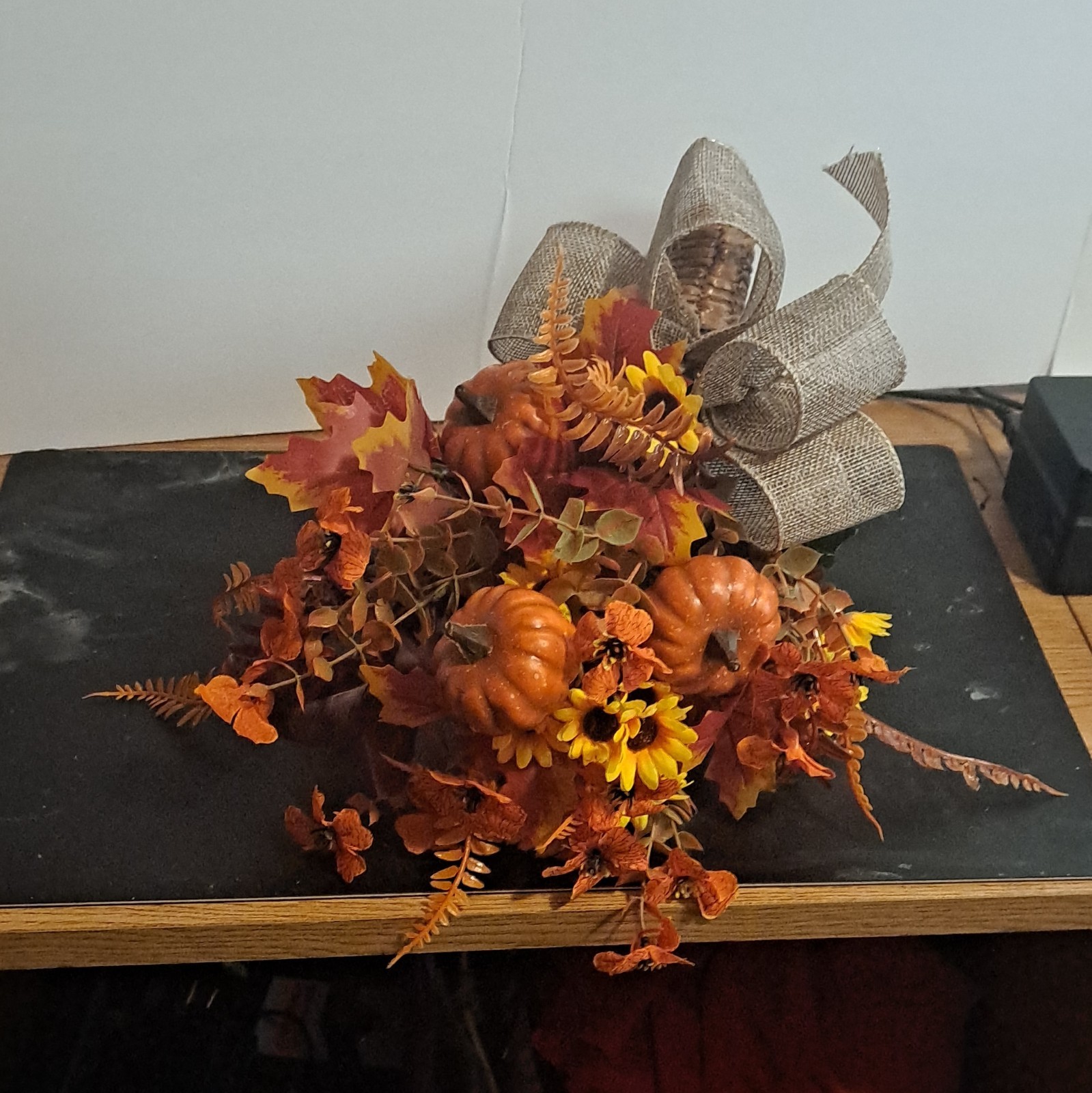 Artificial Fall Cornucopia Centerpiece w/ Pumpkins Sunflowers Burlap Bow