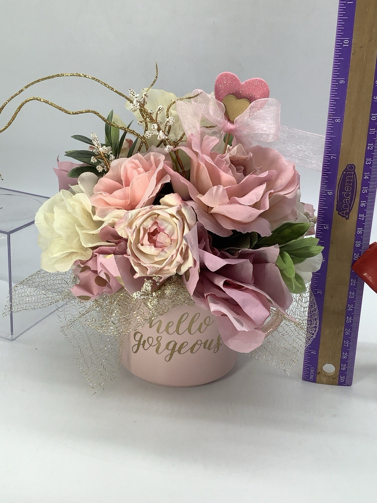Handmade Valentines Day “Hello Gorgeous” Coffee Mug Pink Gold Floral Arrangement