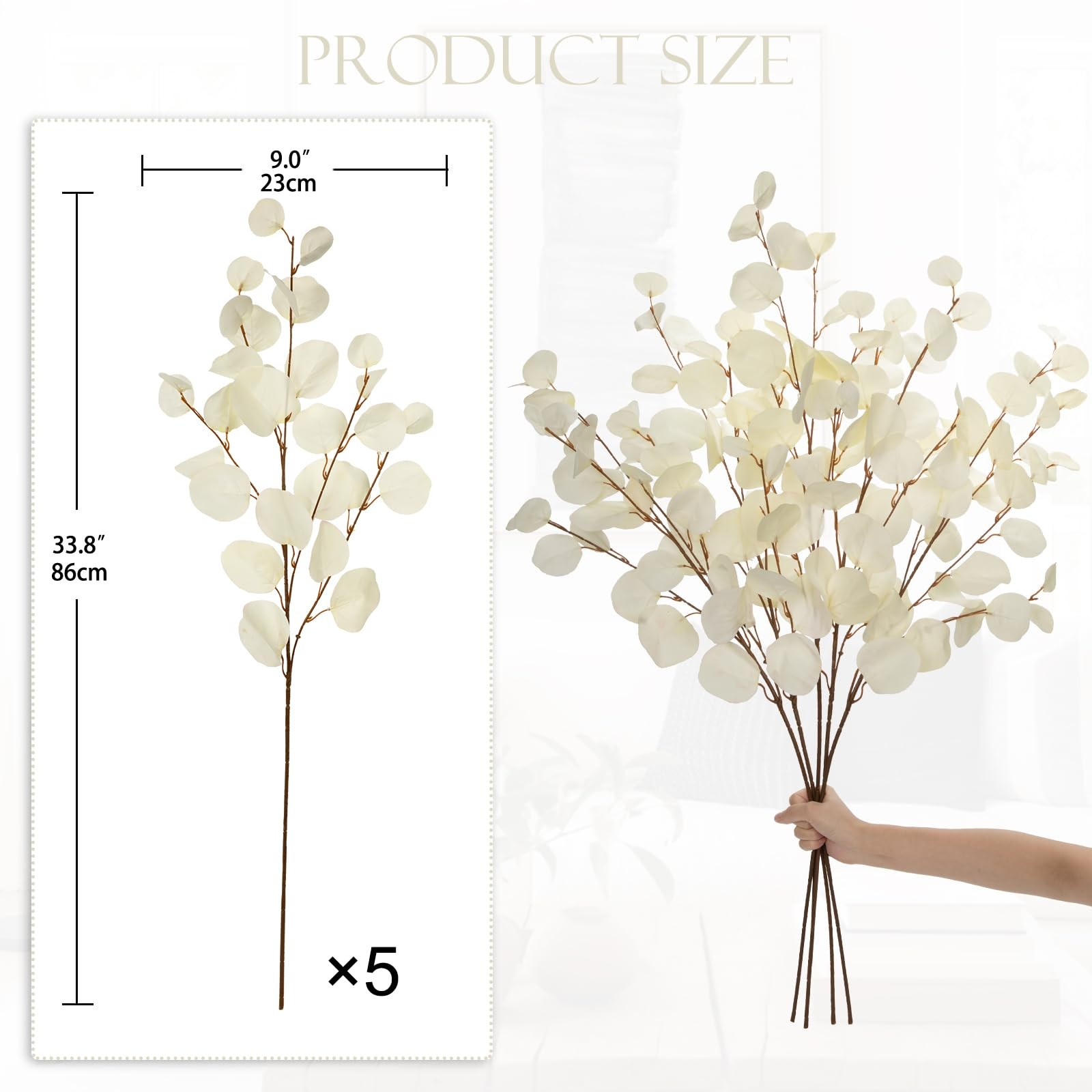 Cream White Eucalyptus Stems Fake Eucalyptu Leaves 34” Long Silver Dollar Lea…