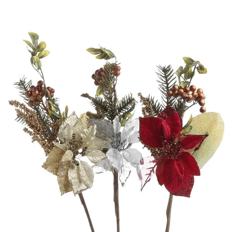 Set of 6 Assorted 15″ Glittery Poinsettia with Artificial Pine Sprays