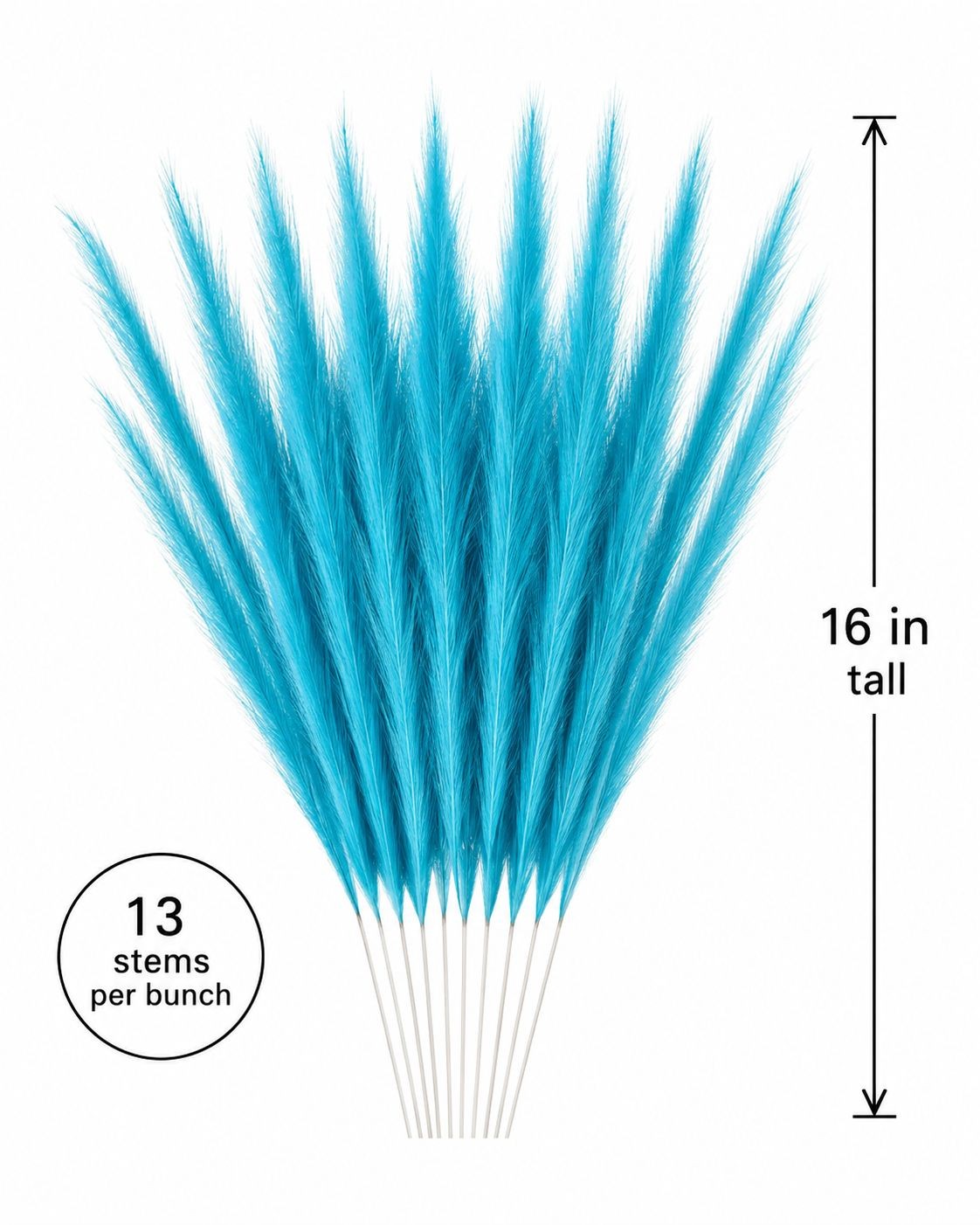 Turquoise Blue Artificial Pampas Grass 16 Inch 13 Stem Bunch, Wispy Coastal Vase