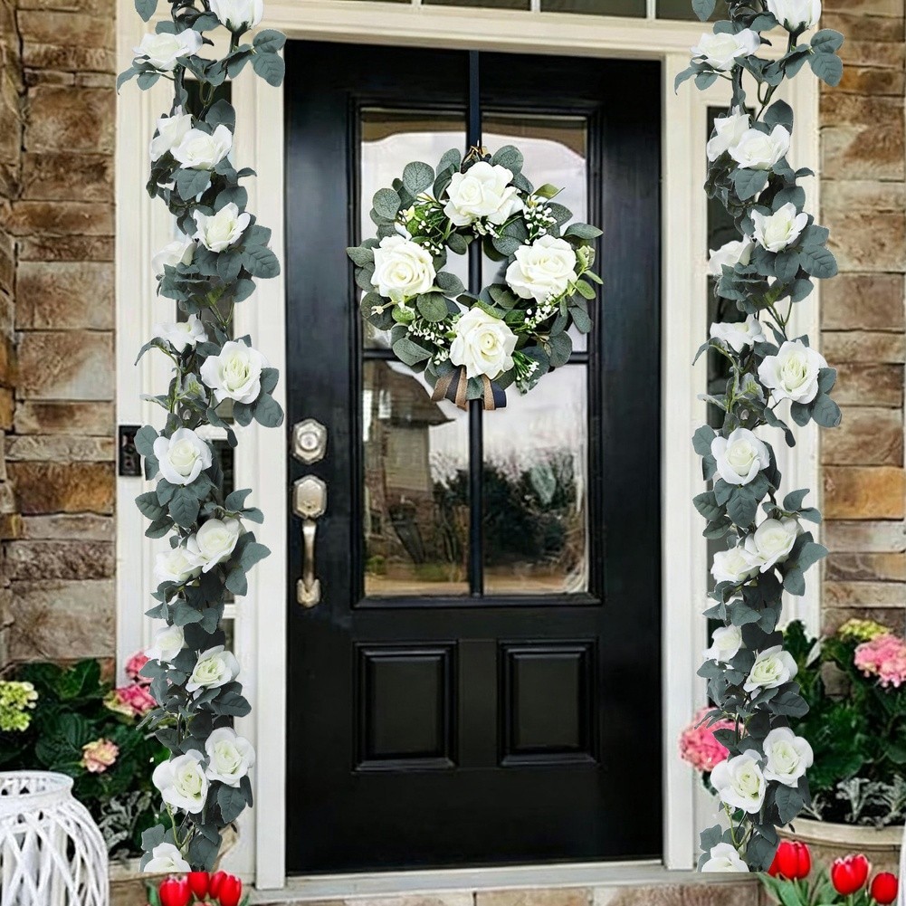 White Rose Garland 86.6 inches with Reinforced Wire Stem for Stability