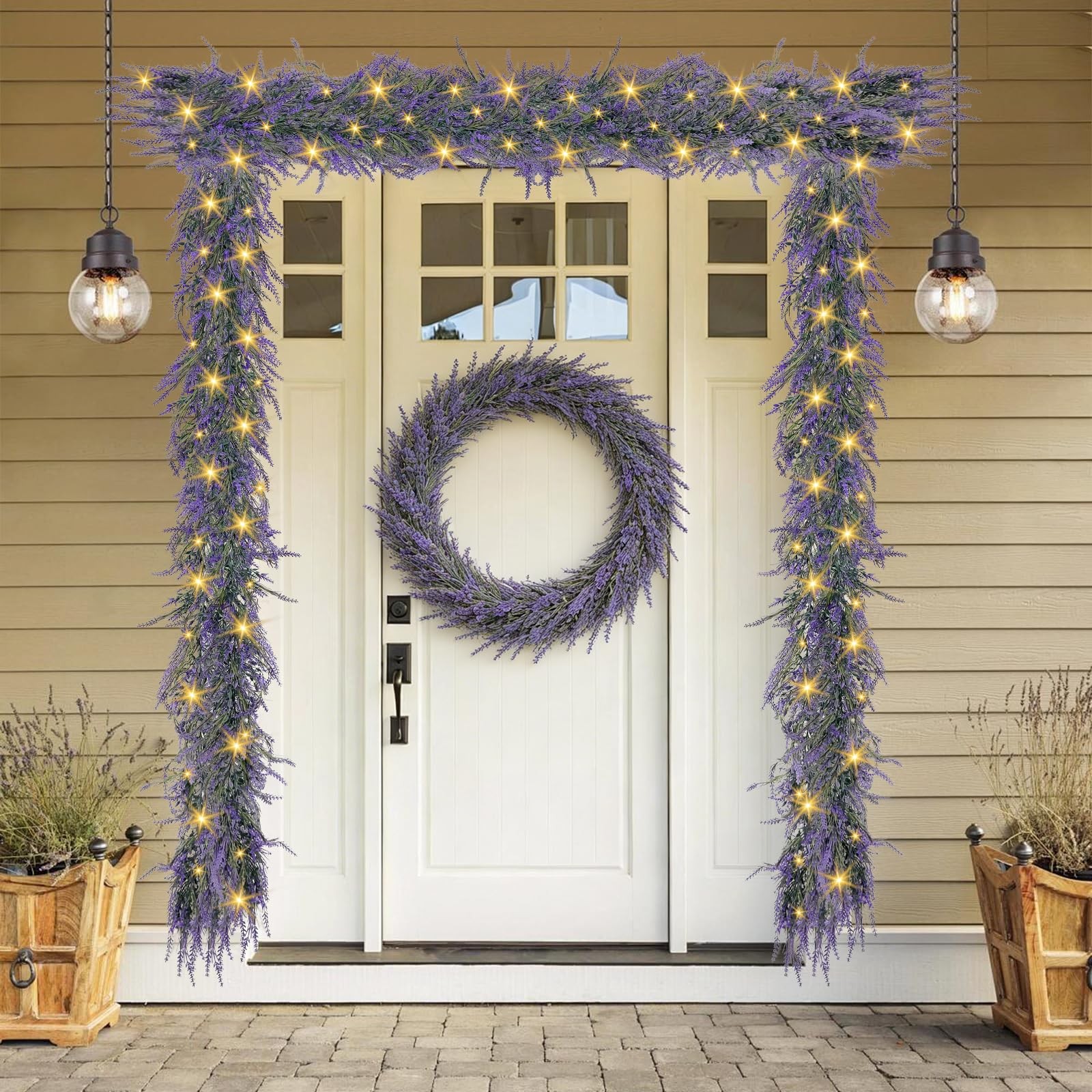 Lavender Garland with Lights, 1Pcs 6FT Purple Flower Garland, Artificial Spri…