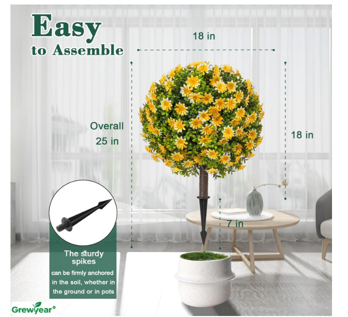 Fall Artificial Topiary Ball with Spike Set of 2, Faux Boxwoods Yellow
