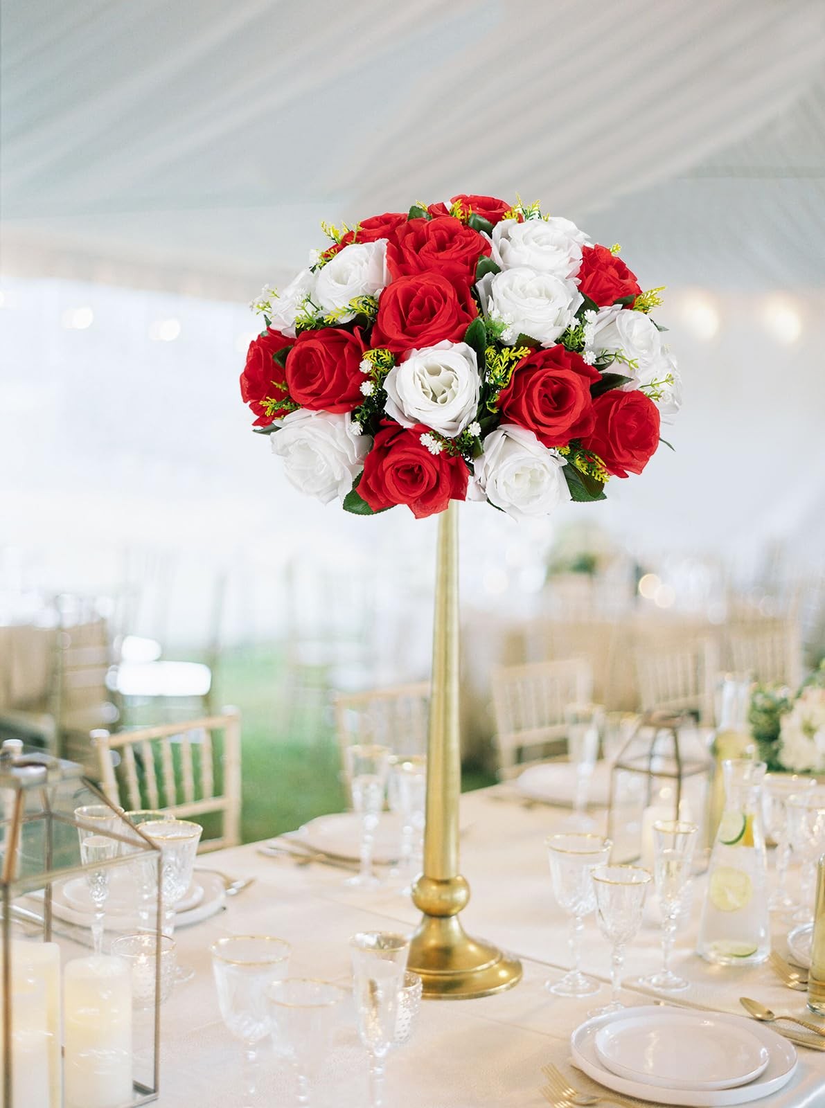Fake Floral Balls Centerpieces 2PCS 11.8 Inch Large Faux Rose Silk Red White