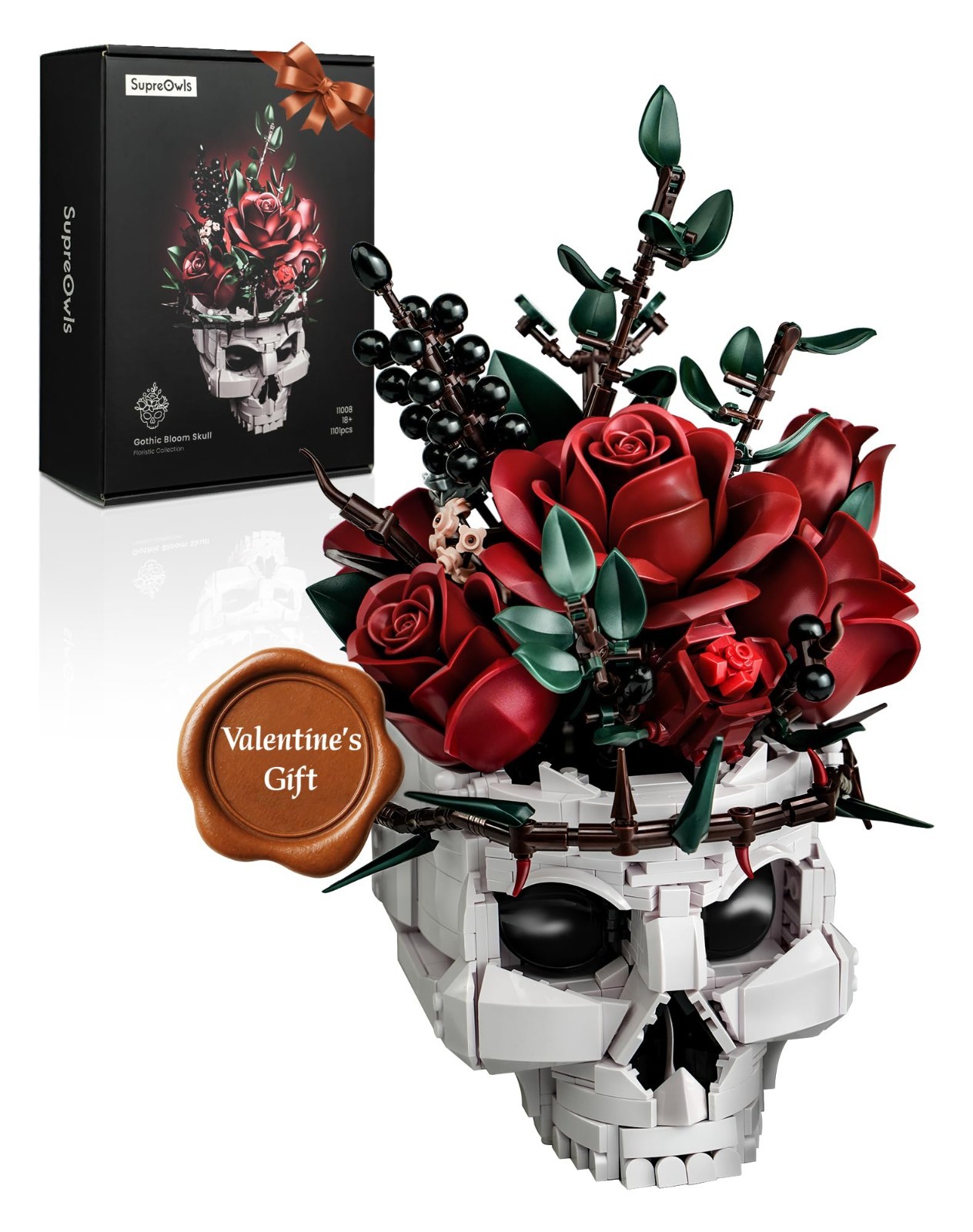 Skull Roses Flower Bouquet Building Set – Gothic Home Decor Kit for Adults, Perf