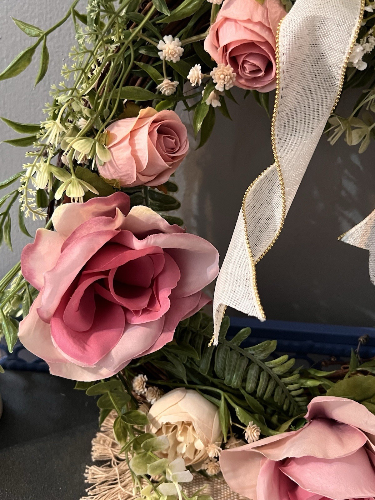 Cottagecore Pink Rose Wreath & Floral Arrangement Set, Girls Room Decor