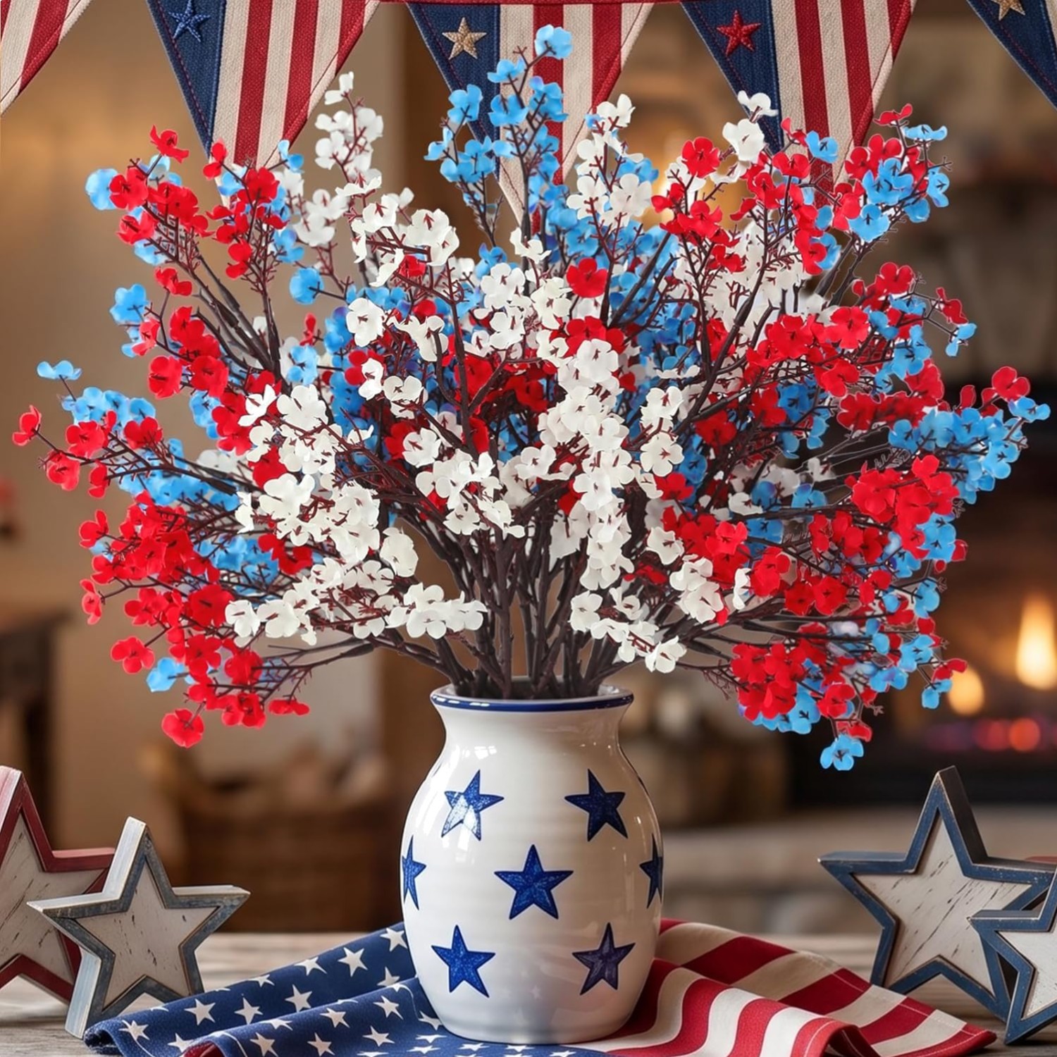10 Pcs 4th of July Flowers Artificial Babys Breath Fake Silk Red White Blue P…