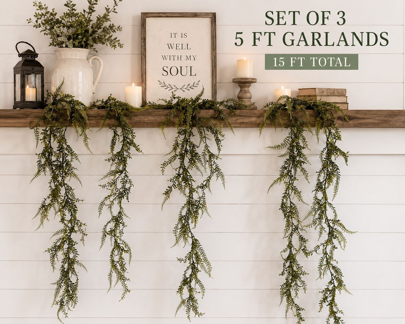 Set of 3 Hanging Greenery Garlands 5 Foot Artificial Fern Garland Trailing Green
