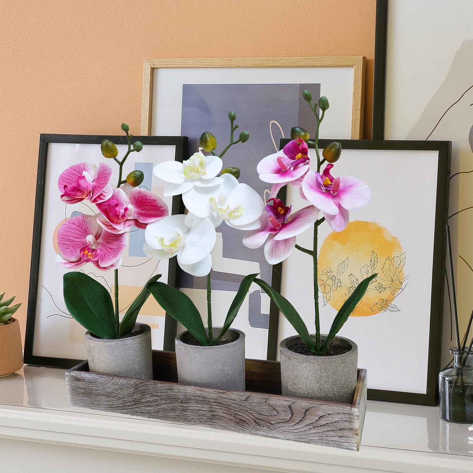 3 Pack Small Artificial Orchid Potted Plants, Rustic Wood Planter Box, Faux