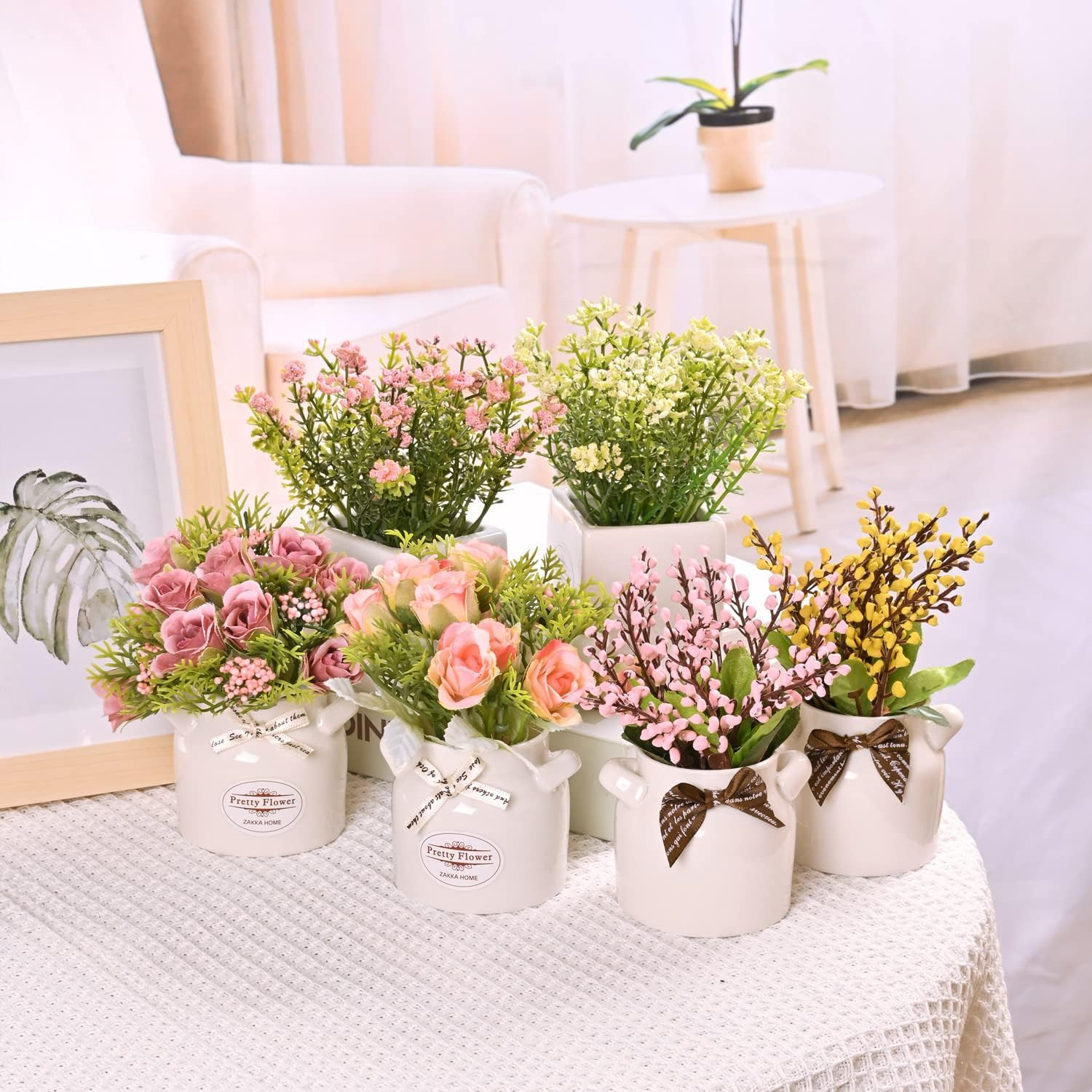 6Pcs Artificial Flowers with Ceramic Pot Small Faux Spring Flowers in Vase
