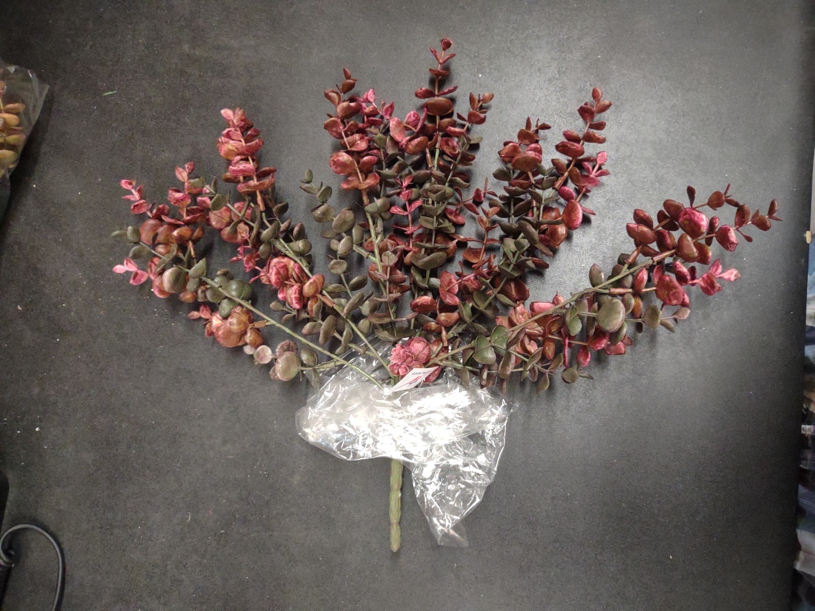 Plastic Spiral Eucalyptus Bush, Deep Moss Green & Dark Red, 6 Stem 13″ Baby Euc