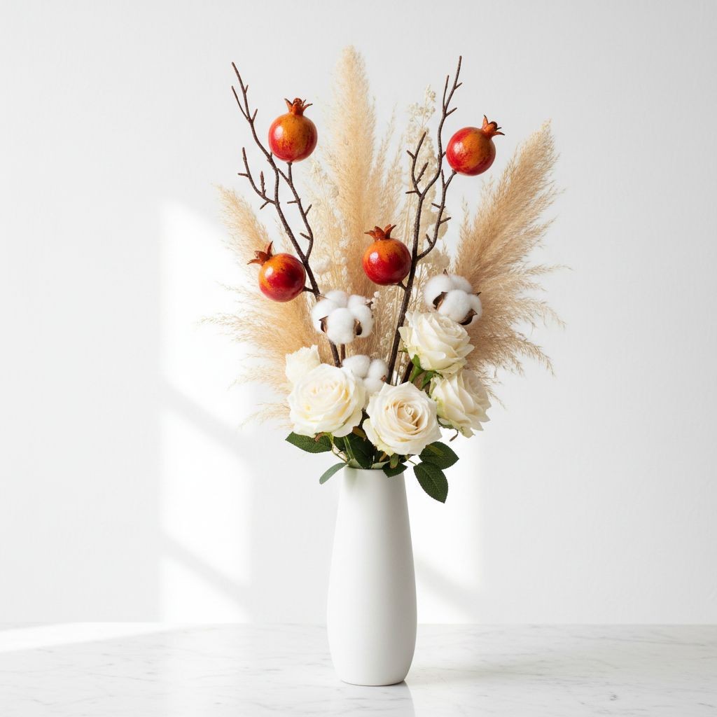 Artificial Pomegranate Stem Set Faux Fruit Branch Fall Decor Rustic Floral Pick