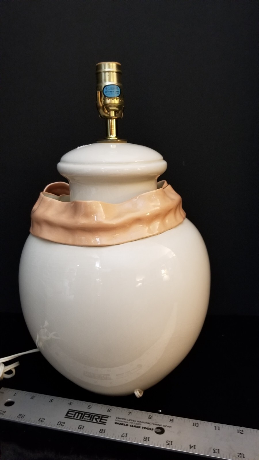 Betlar Inc, Bedroom Lamp, Ribbon Peach, Bow, Cream. Made in USA.