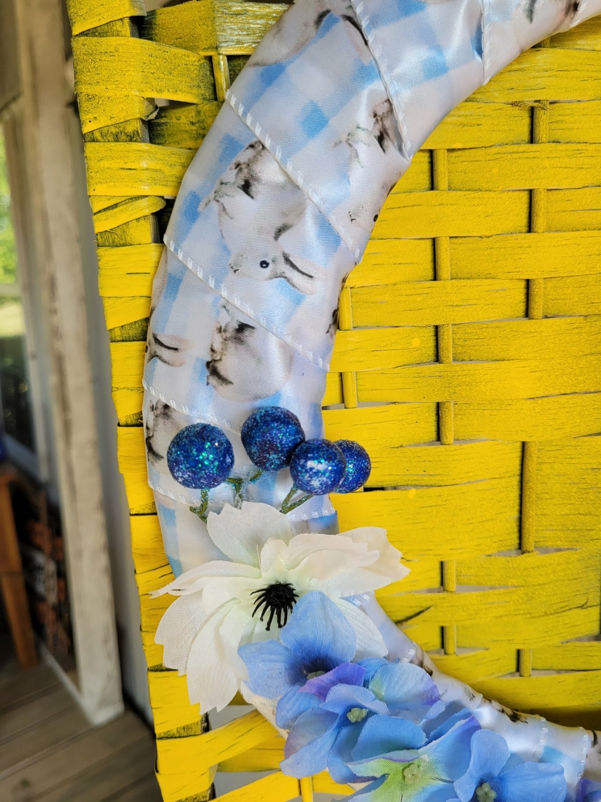 Bright Blue Bunny Spring Wreath with butterfly and pansies, middle size wreath,
