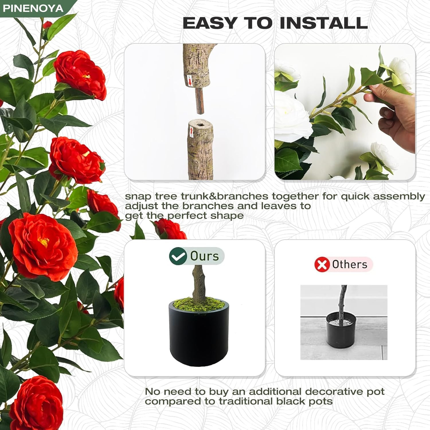 48” Red Flower Artificial Camellia Tree – 2 Pack Faux Silk Plants for Home Deco