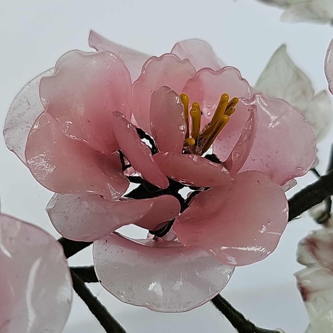 Vintage Chinese Glass Bonsai Tree Pink Cherry Blossom Celadon Pot Chinoiserie