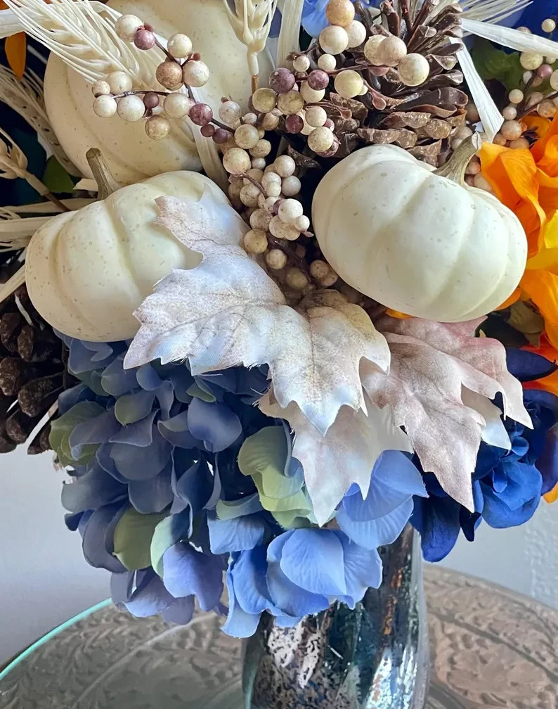Sunflower Floral Arrangement: Blue Summer & Fall Home Decor, Table Centerpiece